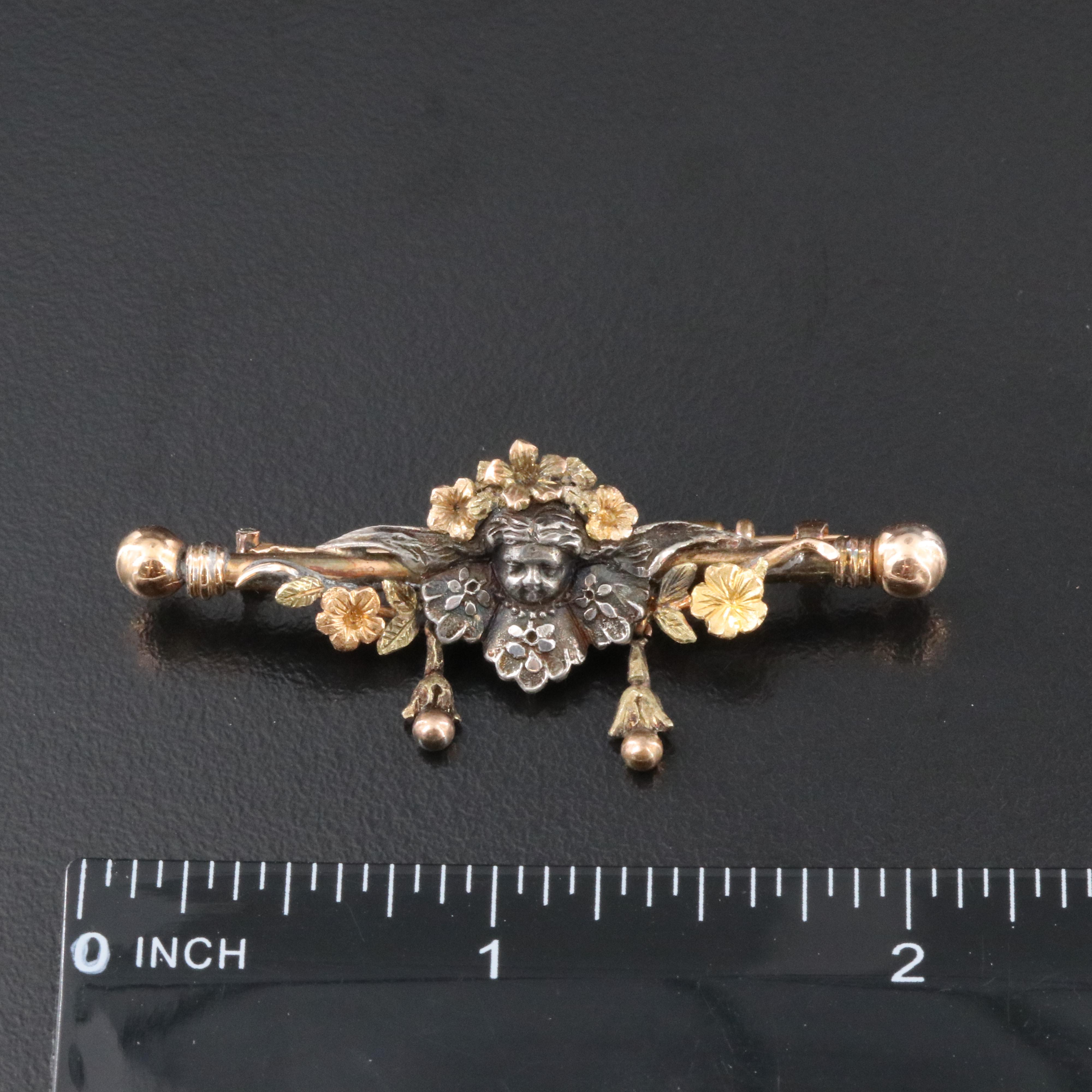 Antique 14K and 900 Silver Putto Bar Pin with Green Gold Accents