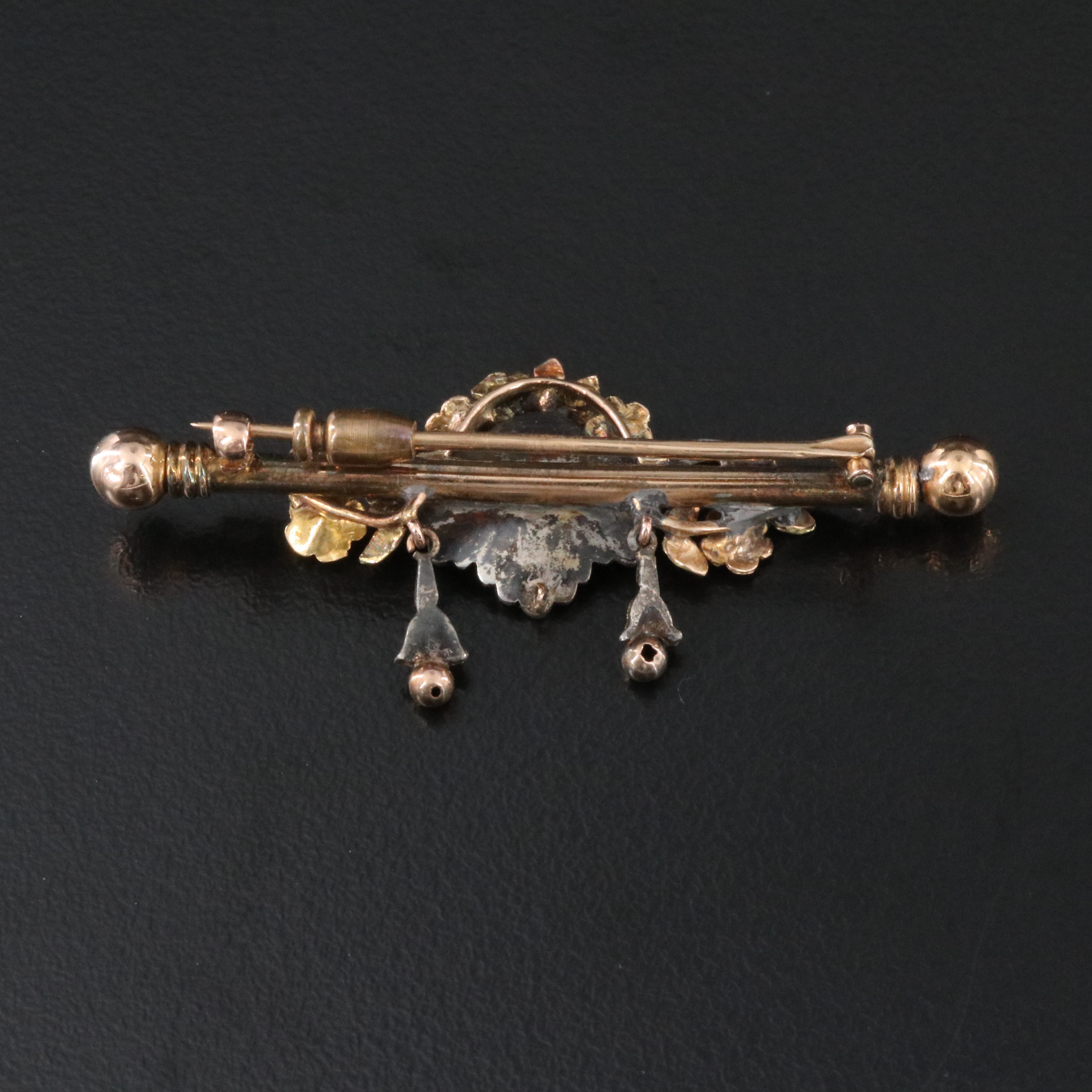 Antique 14K and 900 Silver Putto Bar Pin with Green Gold Accents