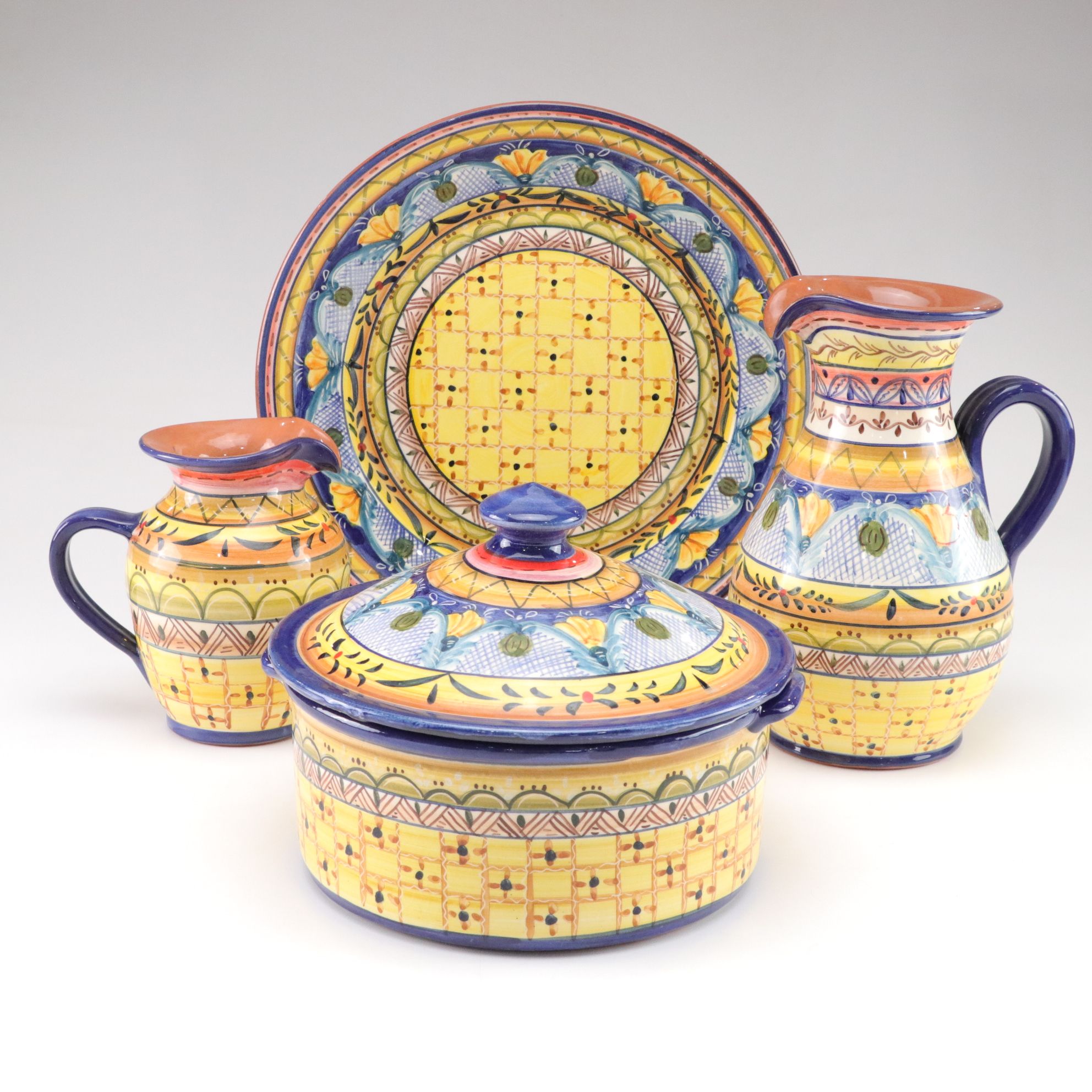 Hand-Painted Pottery From Portugal Includes Covered Dish, Pitchers and Plate