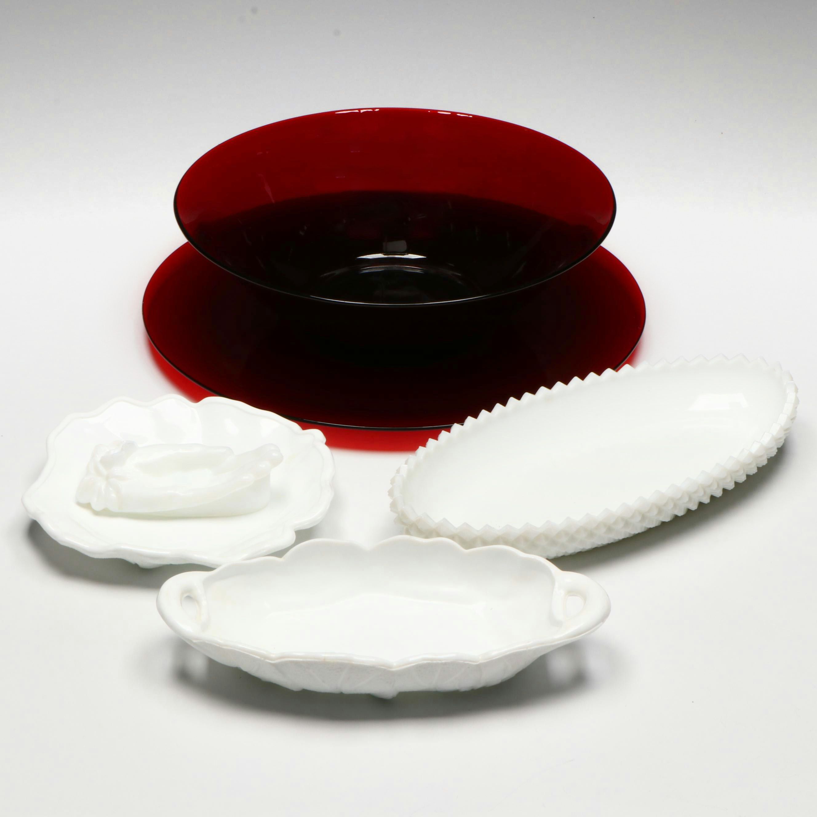 Open Hand Pin Dish and Other Milk Glass Serveware with Red Glass Centerpiece