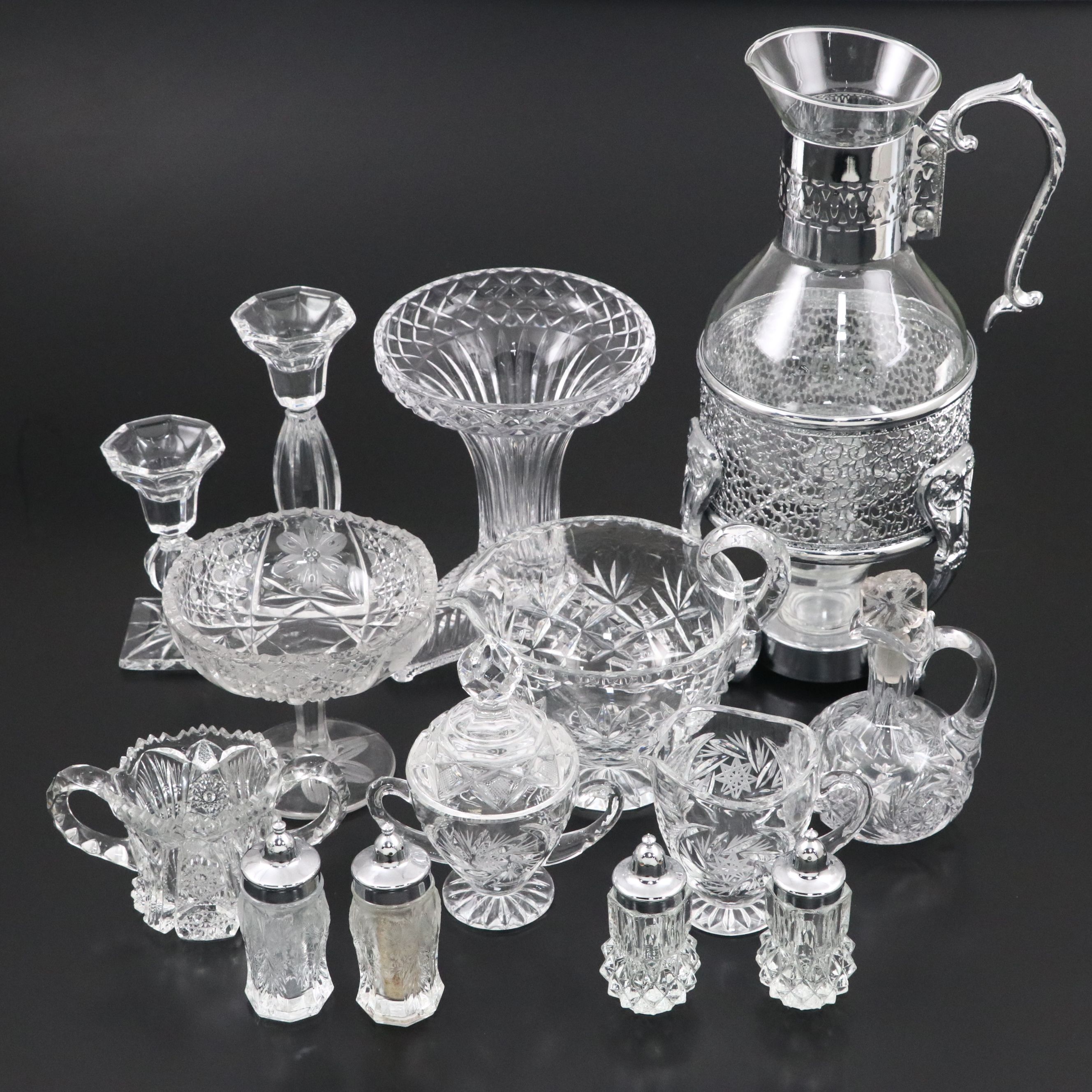 Glass Coffee Carafe on Metal Stand with Other Crystal Cut Table Accessories
