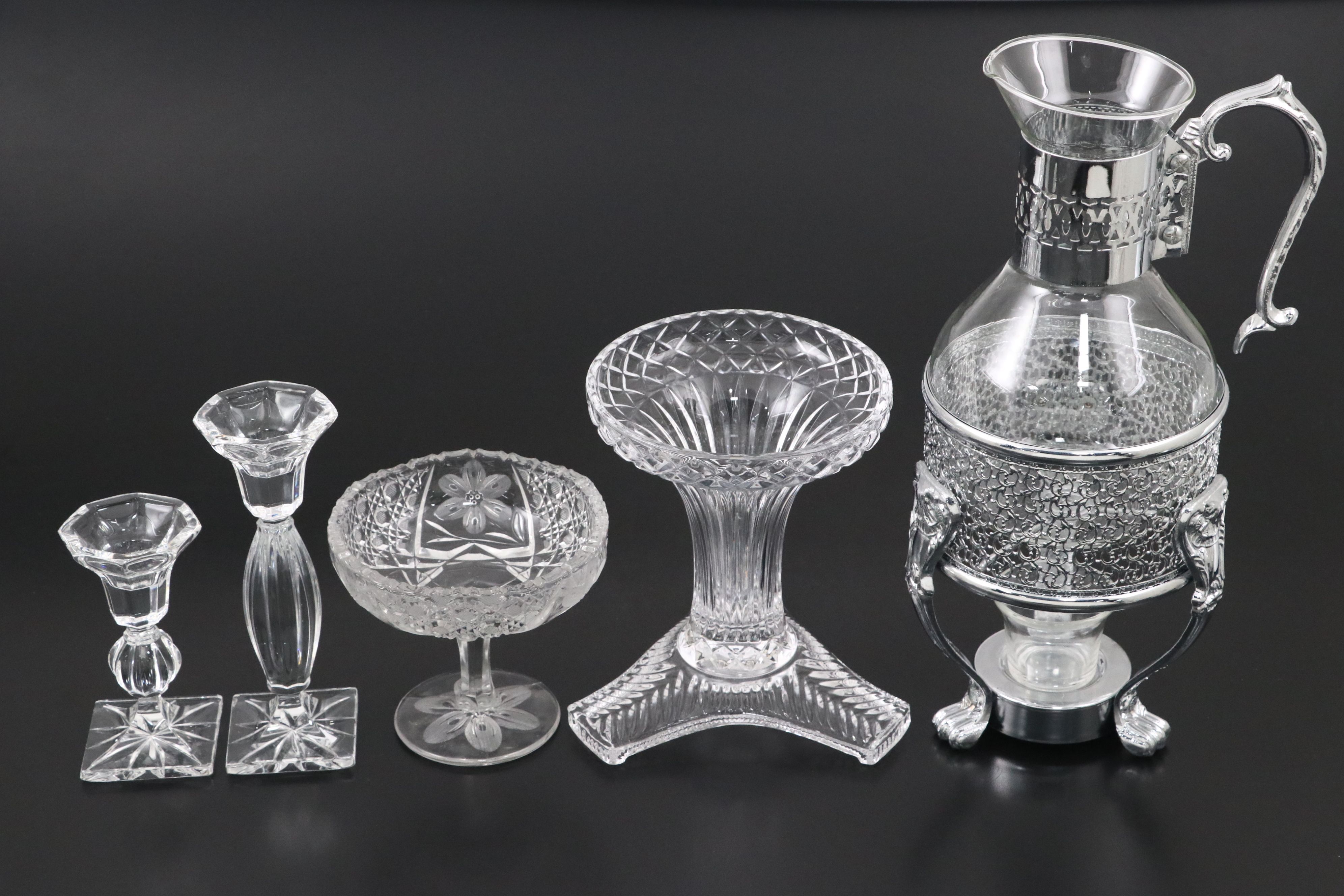 Glass Coffee Carafe on Metal Stand with Other Crystal Cut Table Accessories