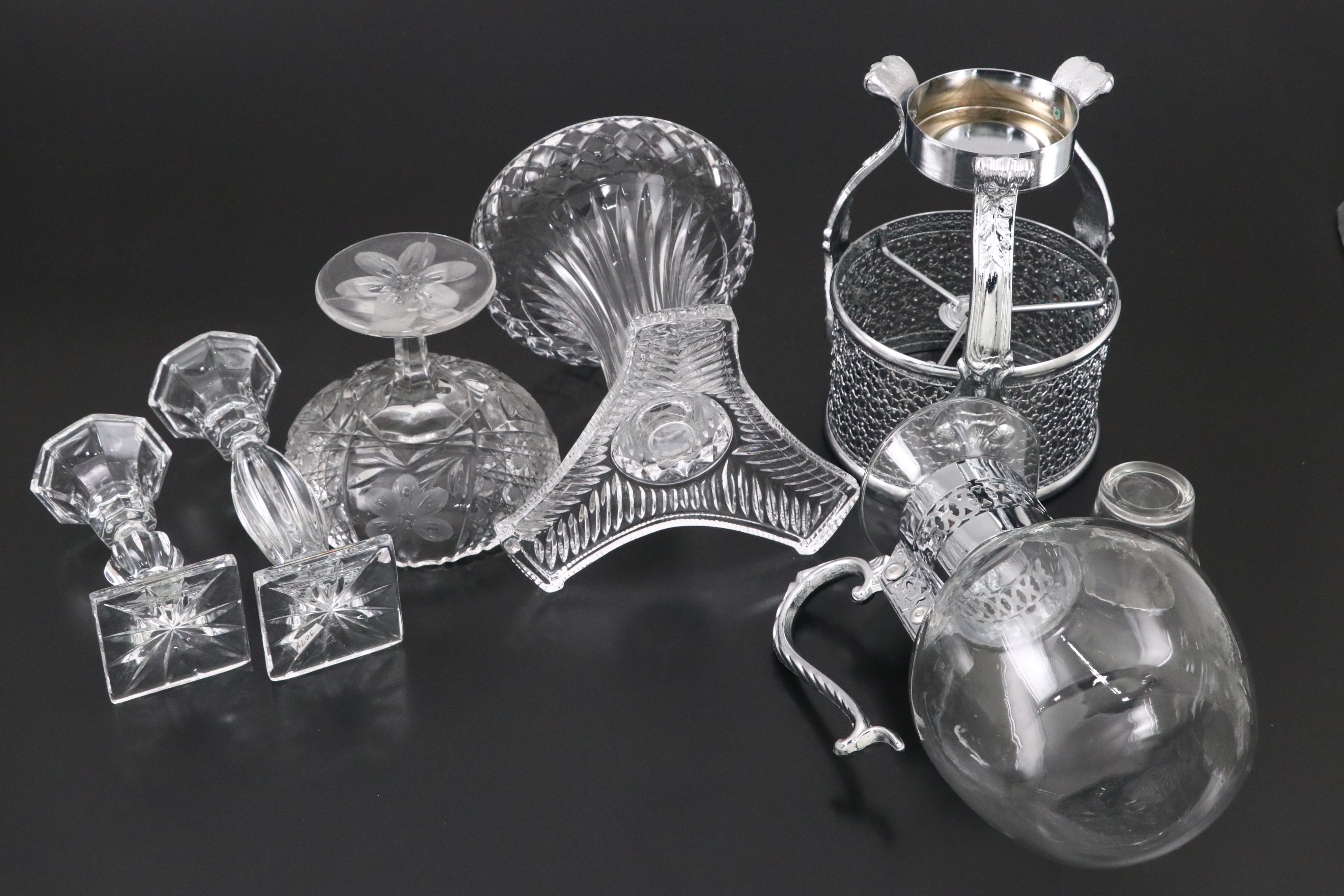 Glass Coffee Carafe on Metal Stand with Other Crystal Cut Table Accessories
