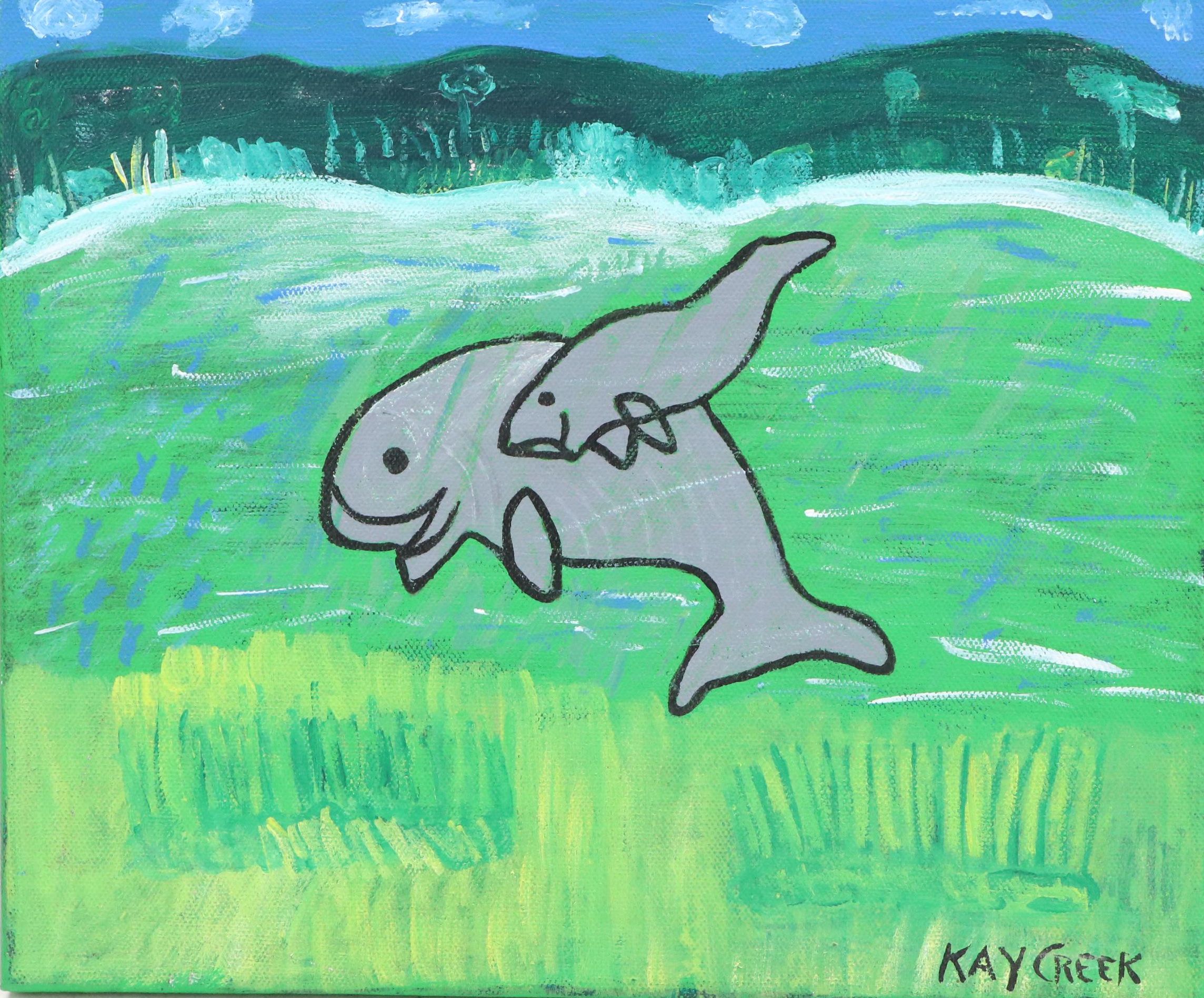 Kay Creek Stylized Acrylic Painting of Manatees, 21st Century