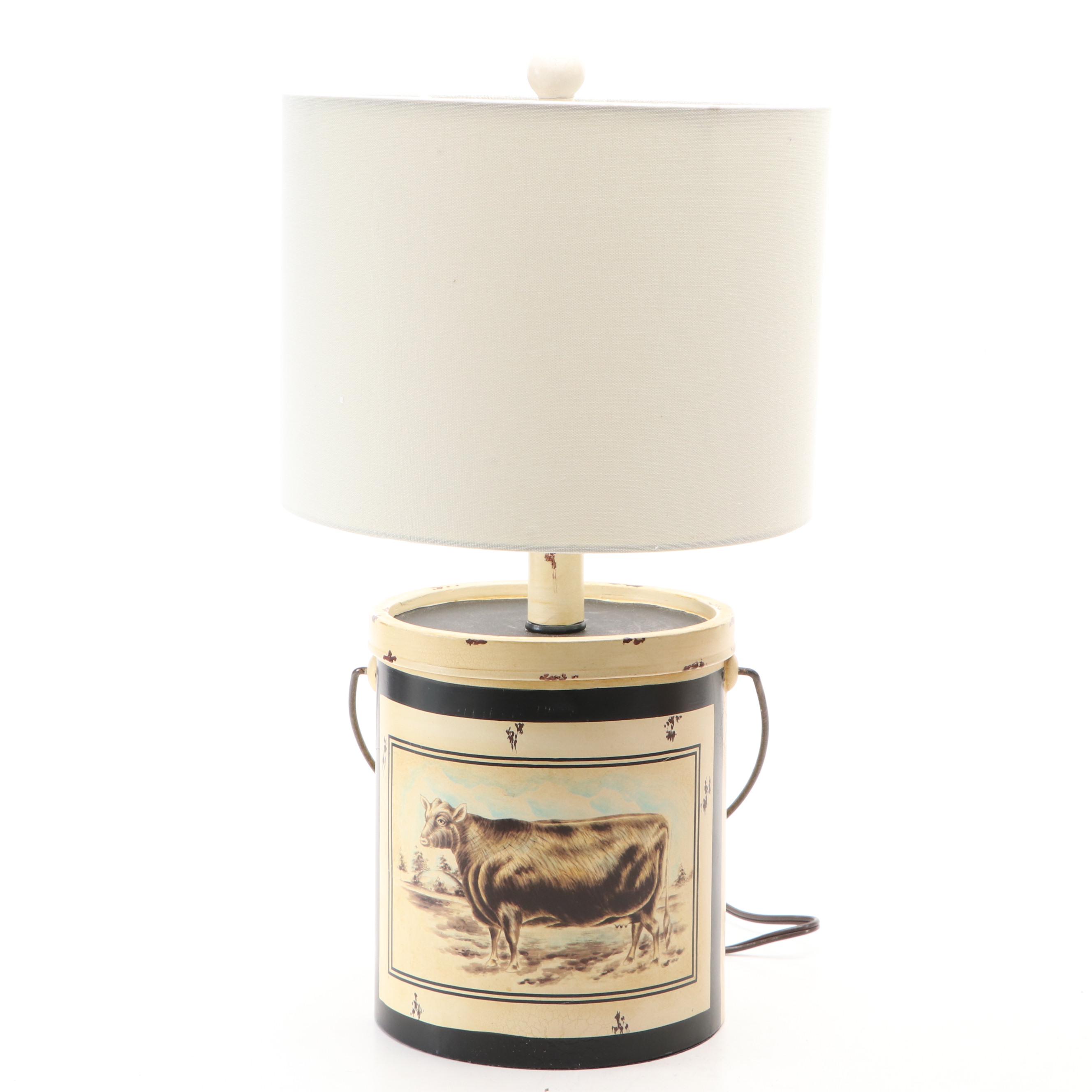 Folk Art Cow Print Bucket and Sugar Tin Canister Table Lamps