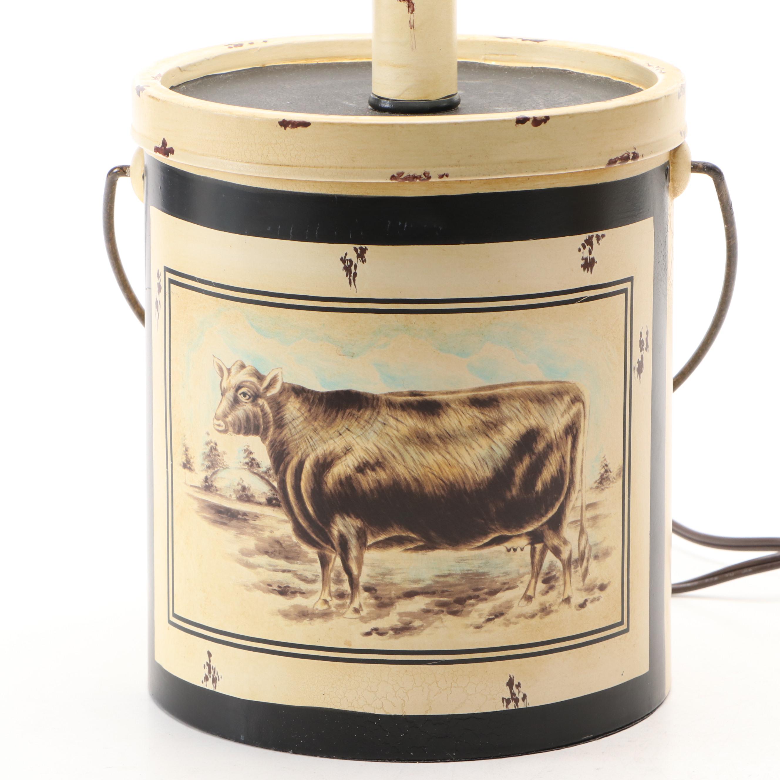 Folk Art Cow Print Bucket and Sugar Tin Canister Table Lamps