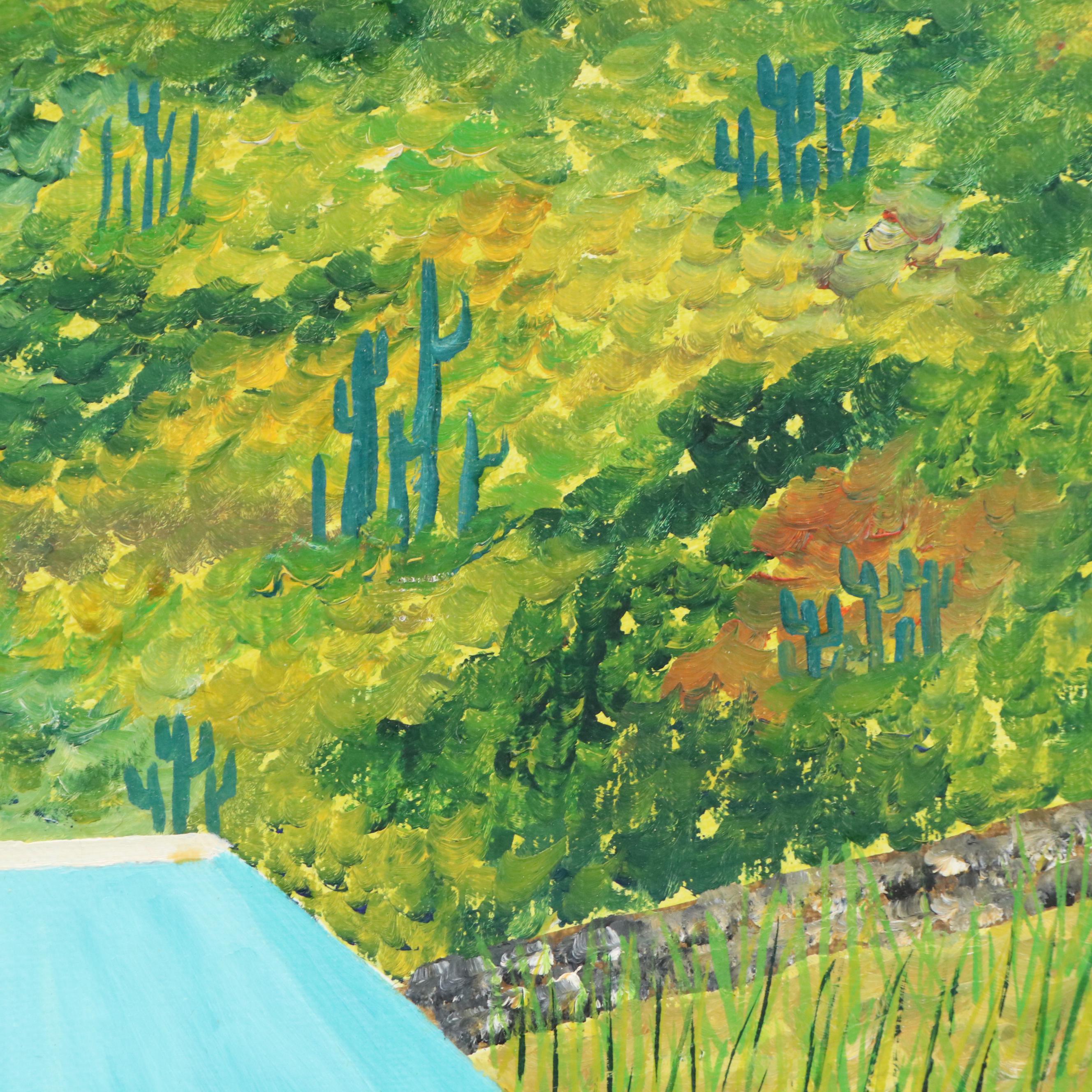 Lédée-Louis Pompi Garden Landscape Acrylic Painting, 1994