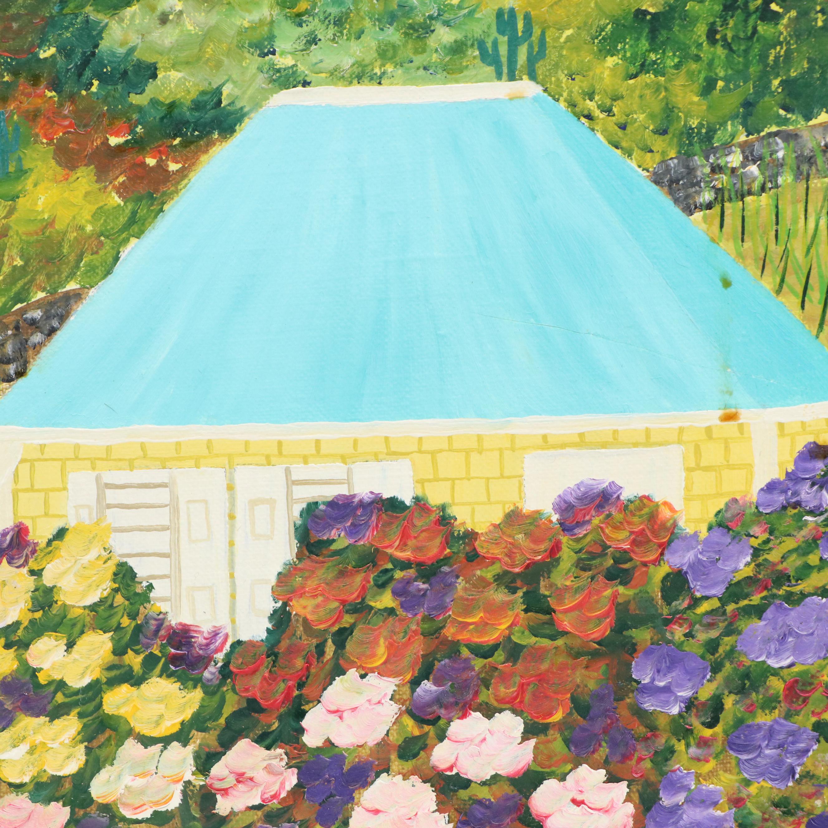 Lédée-Louis Pompi Garden Landscape Acrylic Painting, 1994