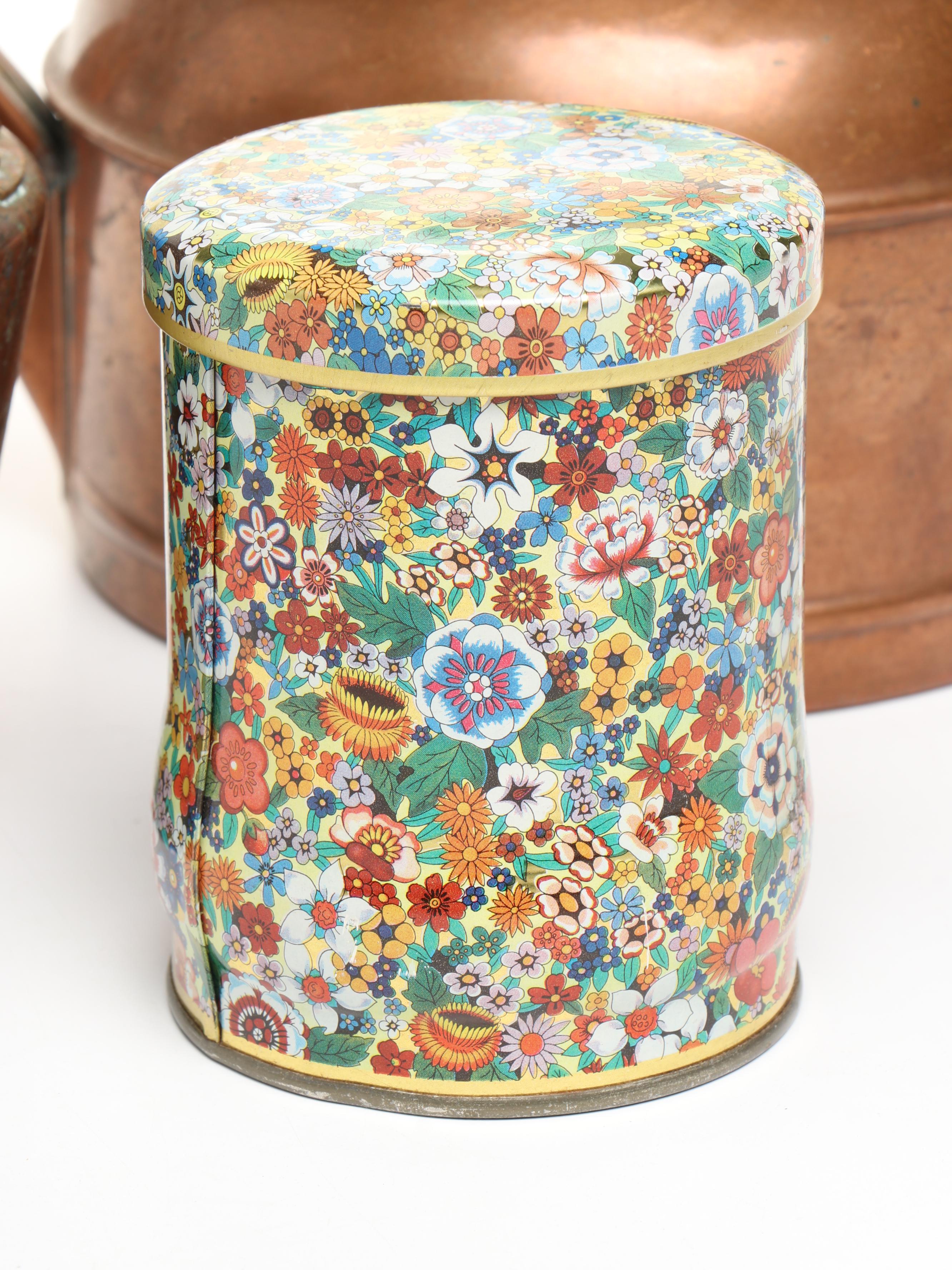 Bazar Francais Copper Pot with Kettles and Damer Floral Canister