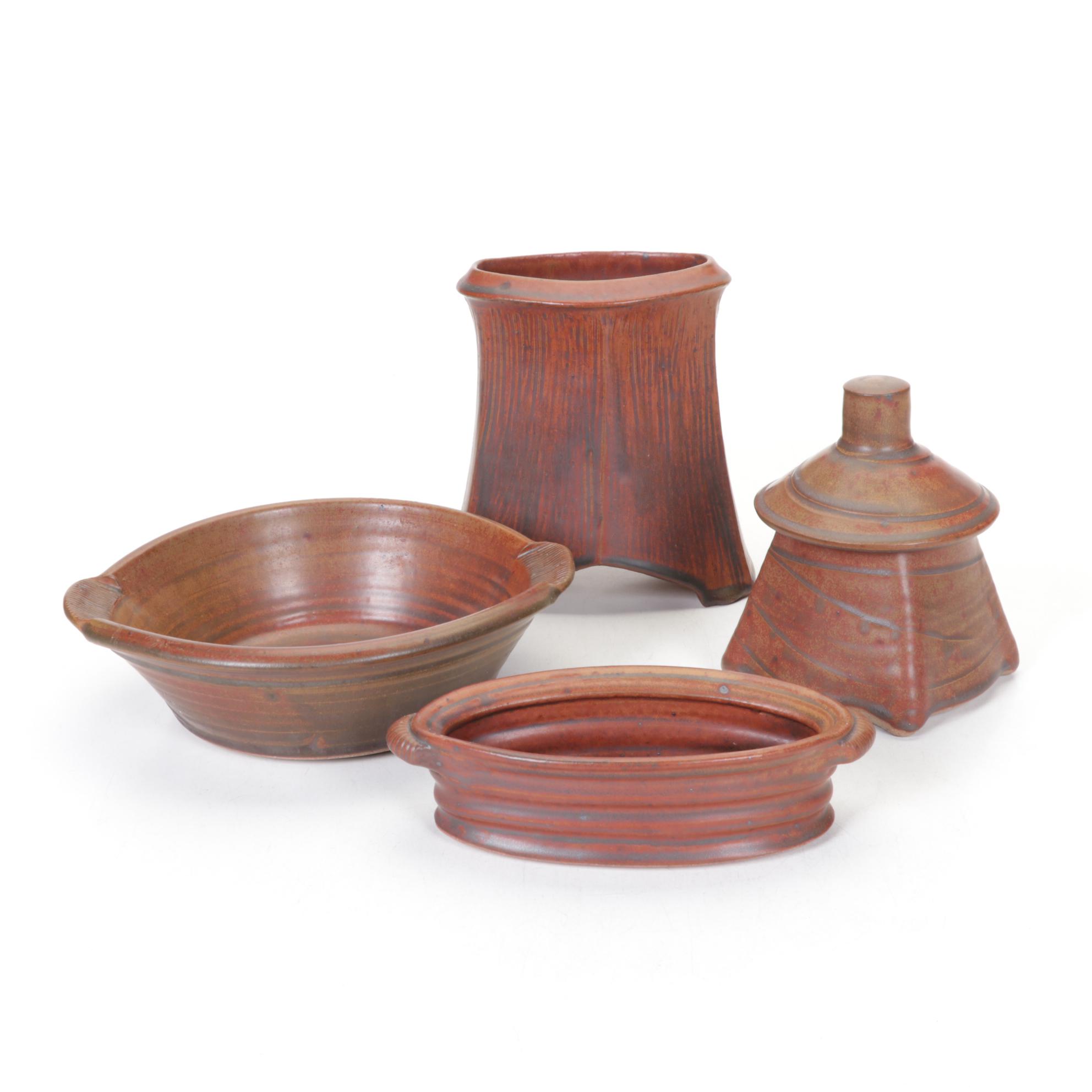 Ellen Shankin Hand-Thrown Pottery Bowls, Vase and Box, Late 20th Century