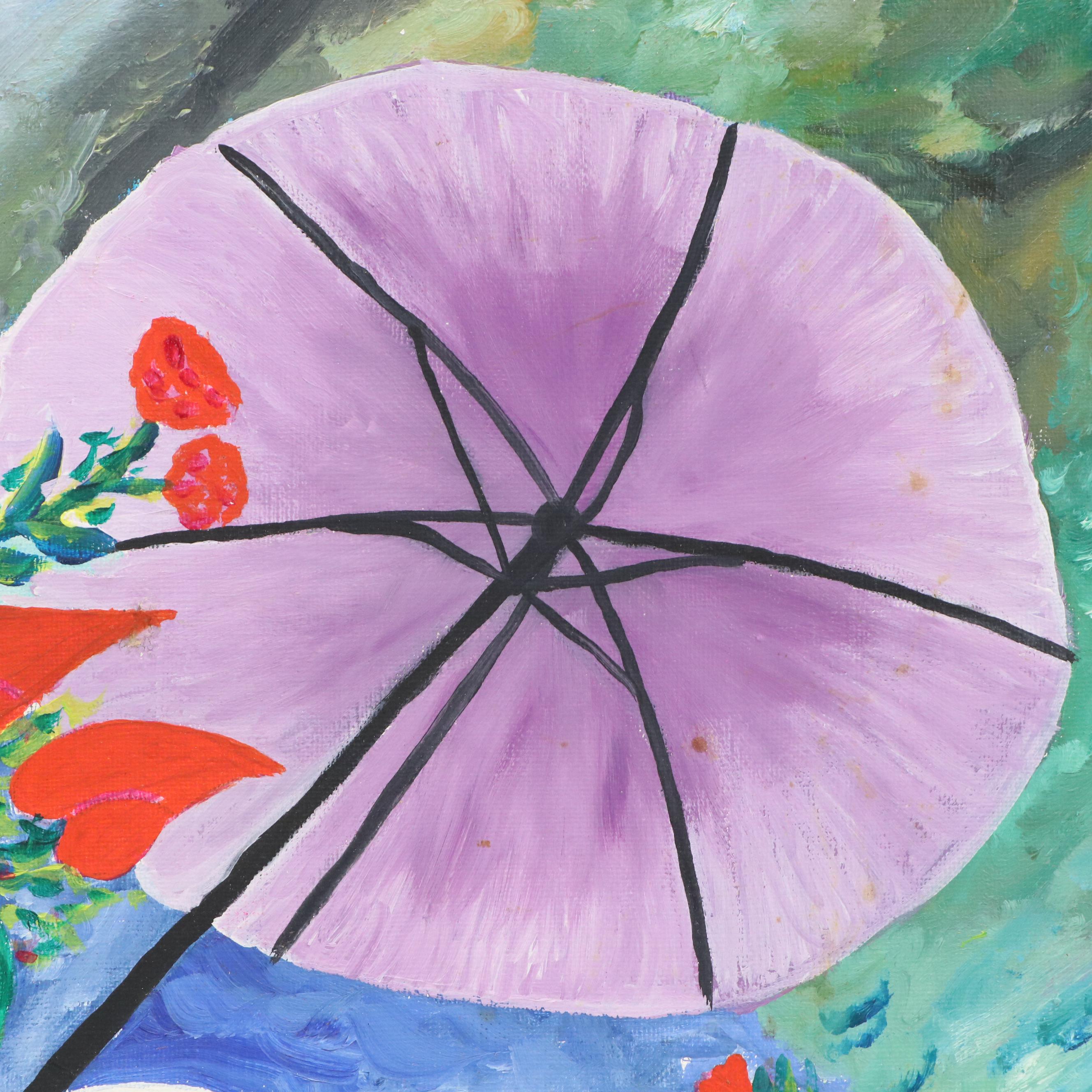 Lédée-Louis Pompi Garden Scene Acrylic Painting "Bagatelles," 1994