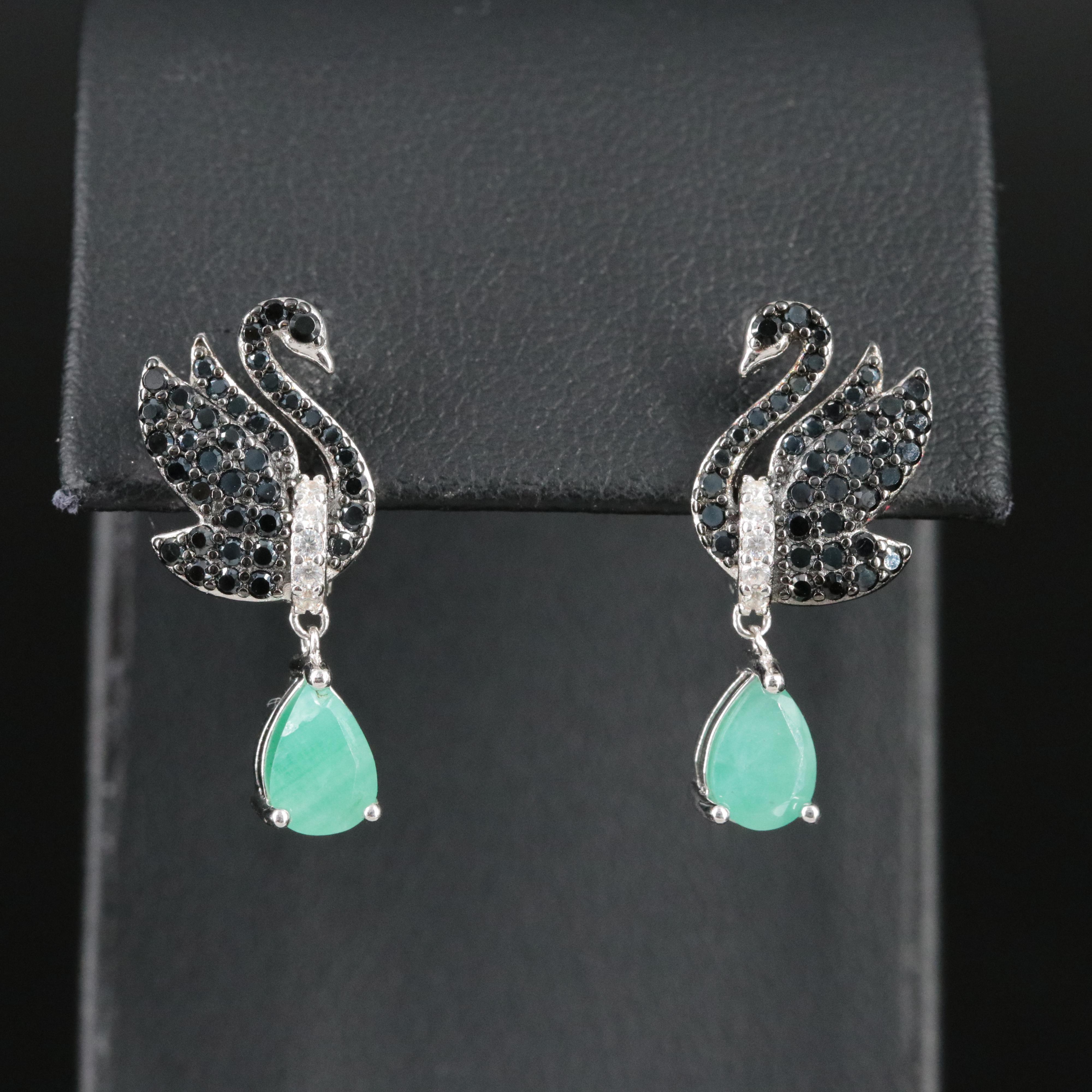 Sterling Emerald and Spinel Swan Drop Earrings