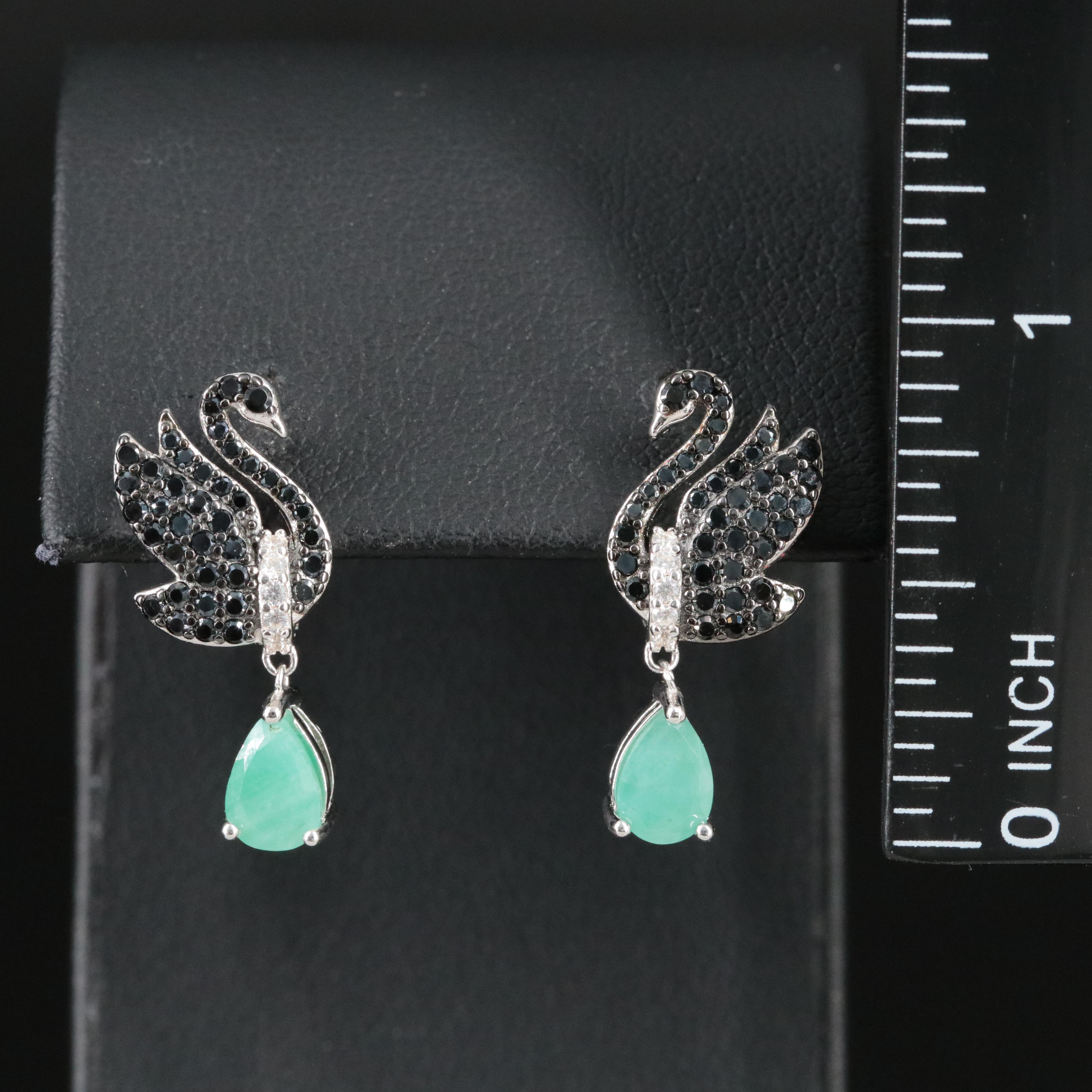 Sterling Emerald and Spinel Swan Drop Earrings