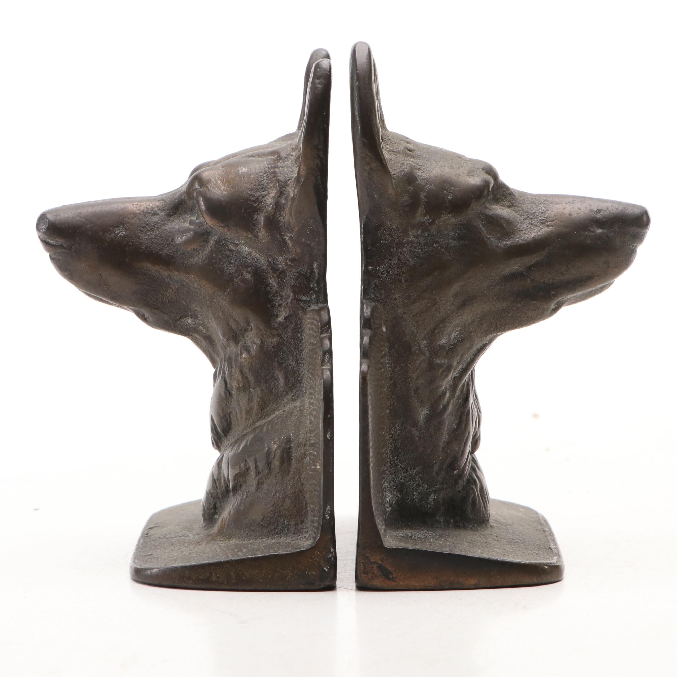 German Shepherd Dog Profile Bronzed Metal Bookends, Early/Mid-20th Century