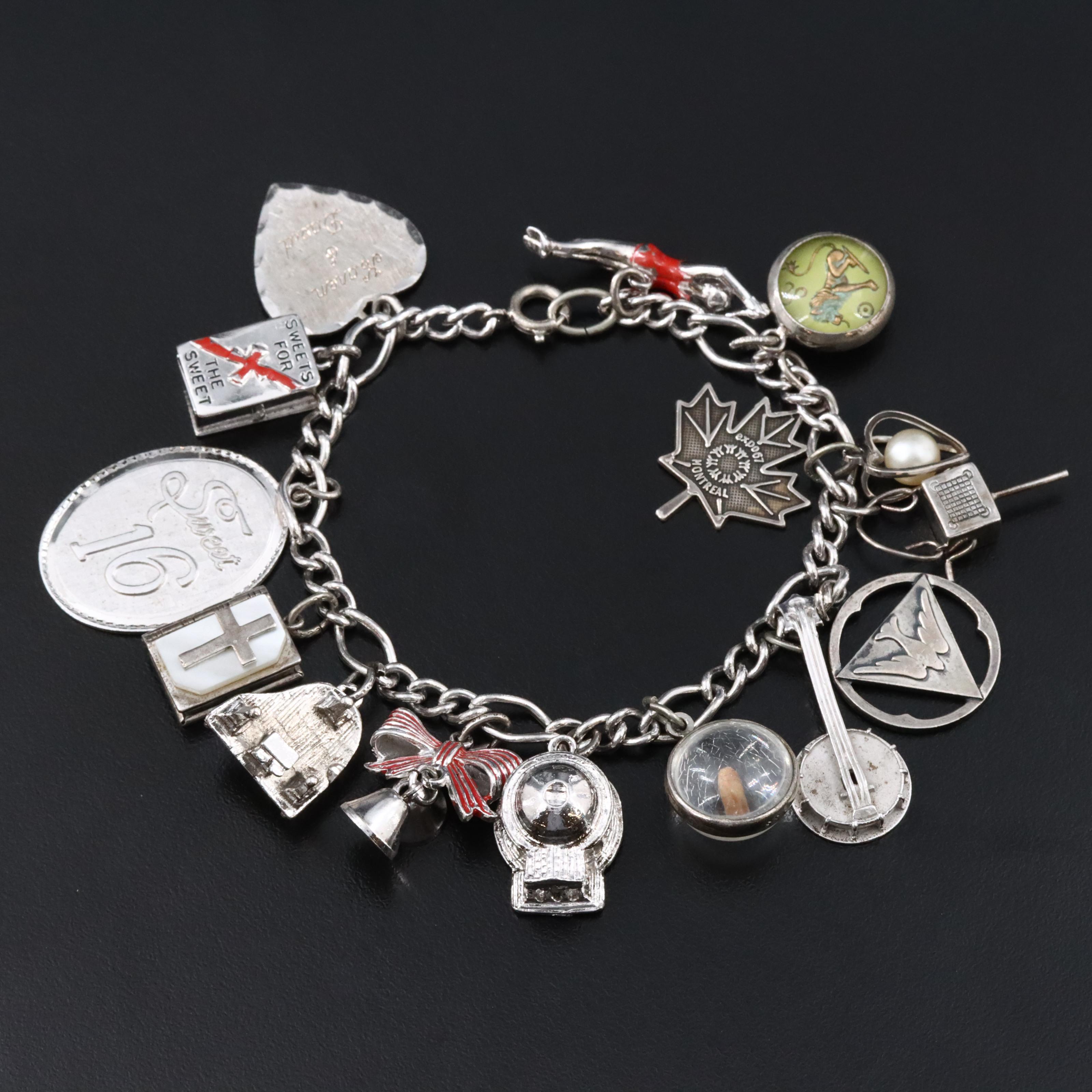 Vintage Sterling Charm Bracelet with Enamel and Faux Pearls