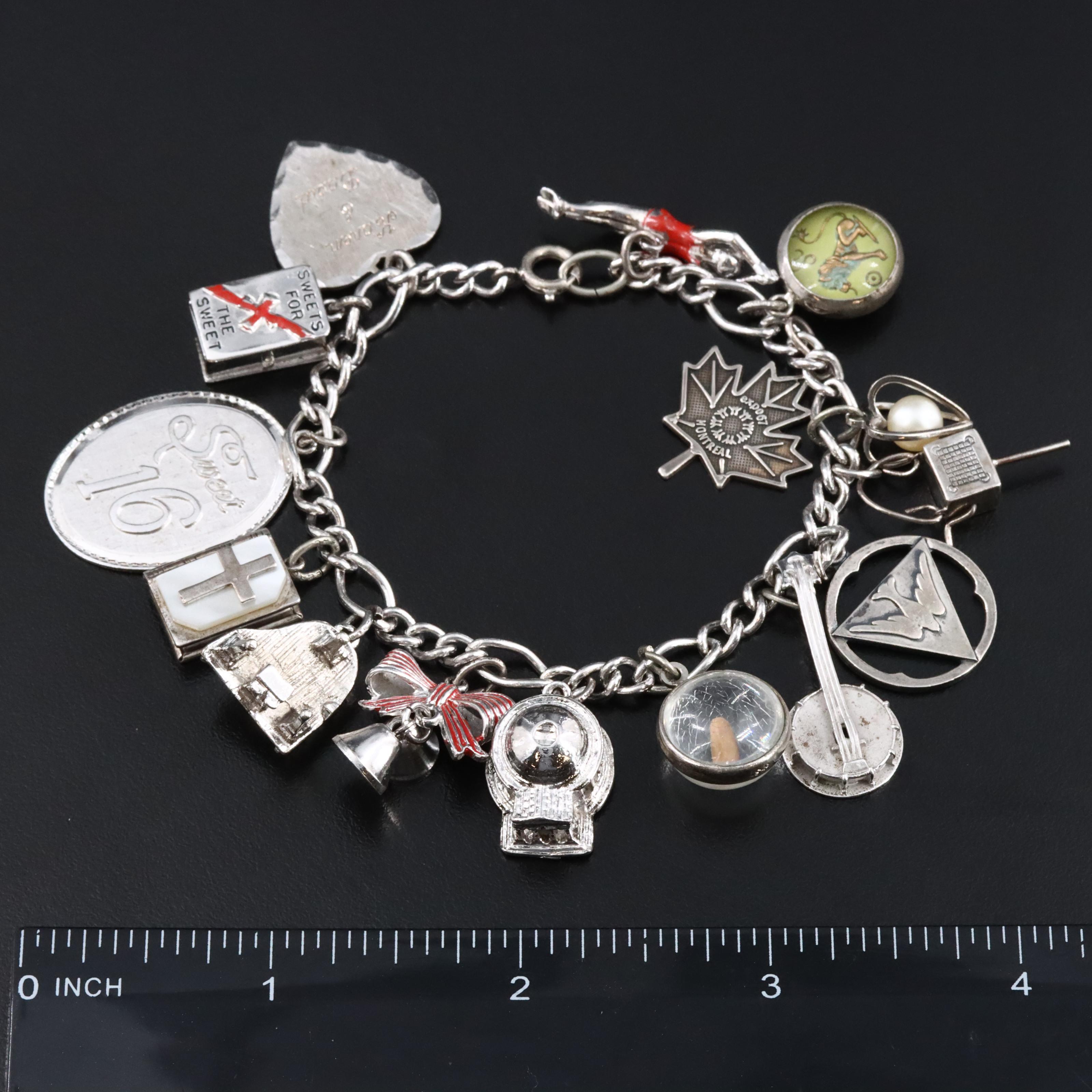 Vintage Sterling Charm Bracelet with Enamel and Faux Pearls