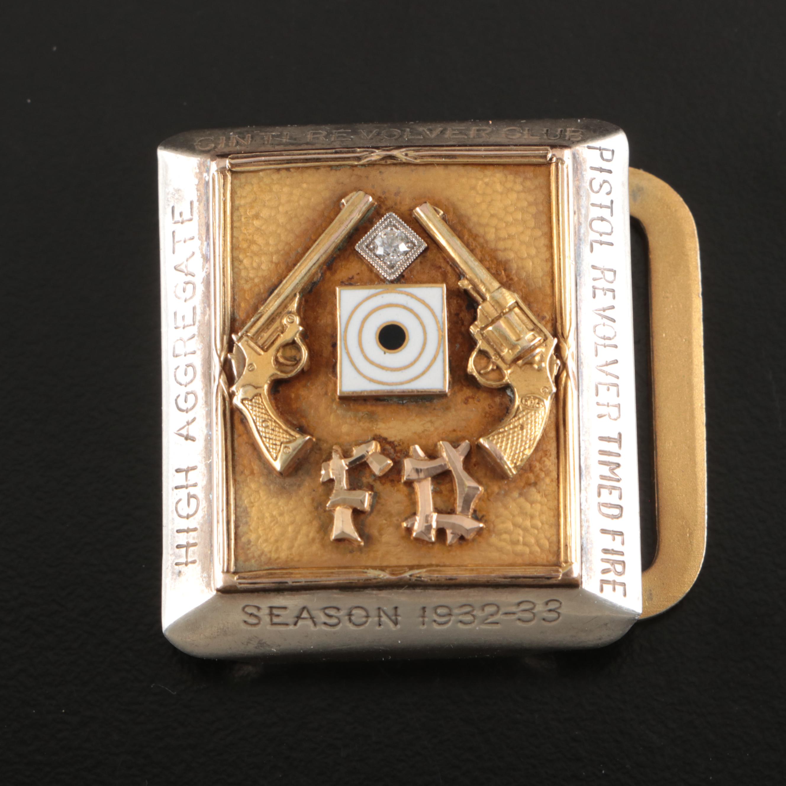 Cincinnati Revolver Club Sterling Silver Crystal Trophy Buckle, 1930s