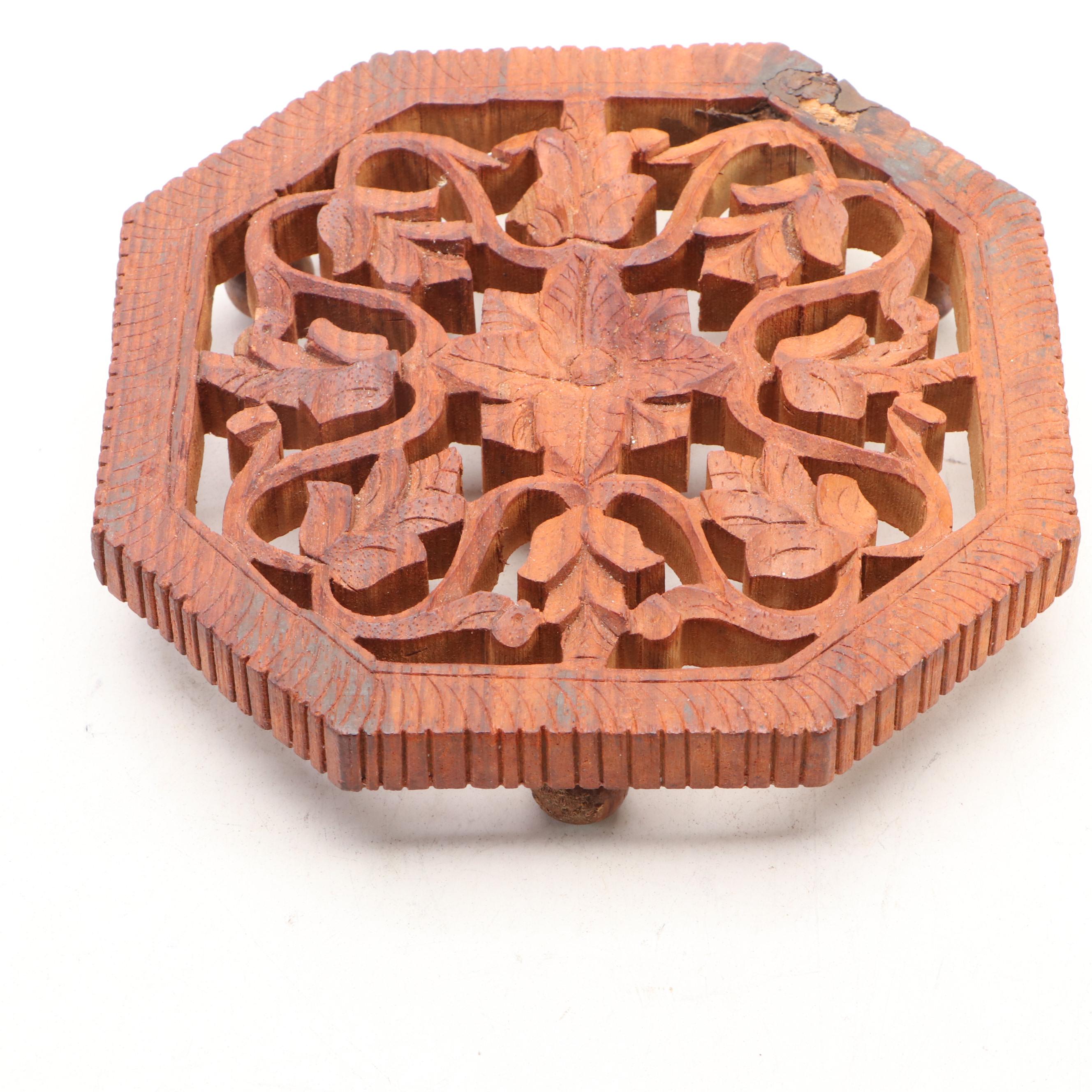 Carved Wood Book Holder and Bone Inlay Elephant Dish with Other Wood  Décor