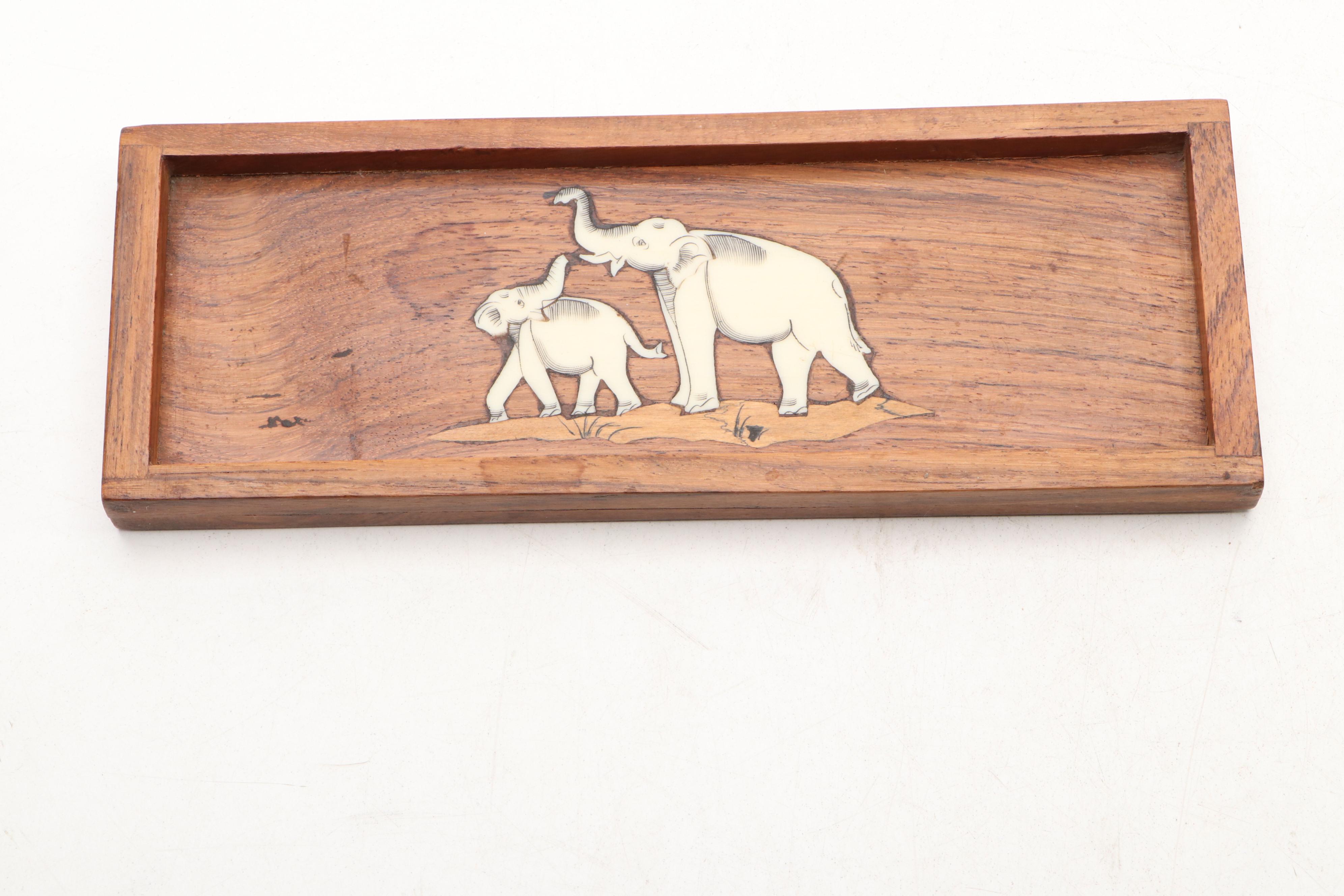 Carved Wood Book Holder and Bone Inlay Elephant Dish with Other Wood  Décor