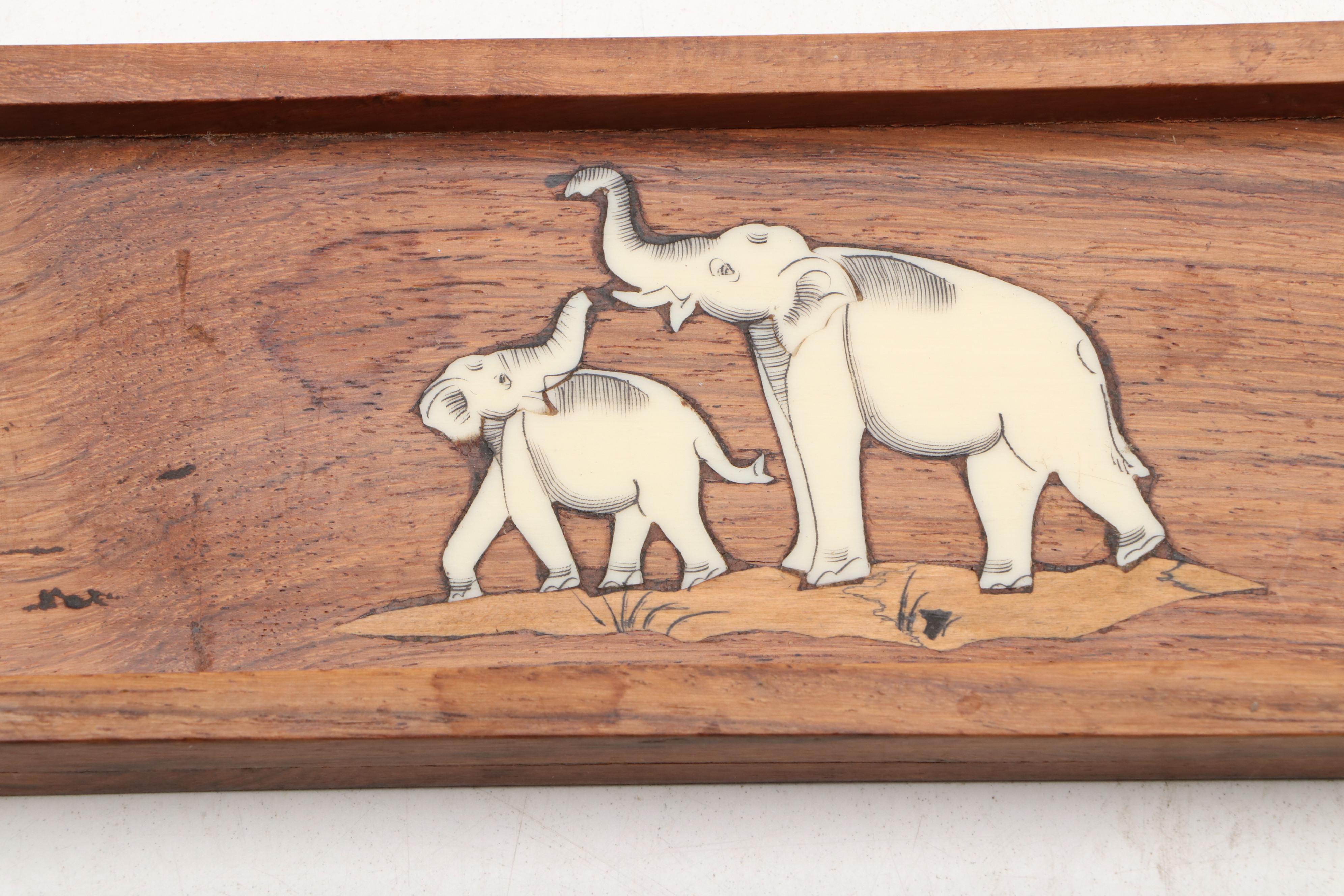 Carved Wood Book Holder and Bone Inlay Elephant Dish with Other Wood  Décor