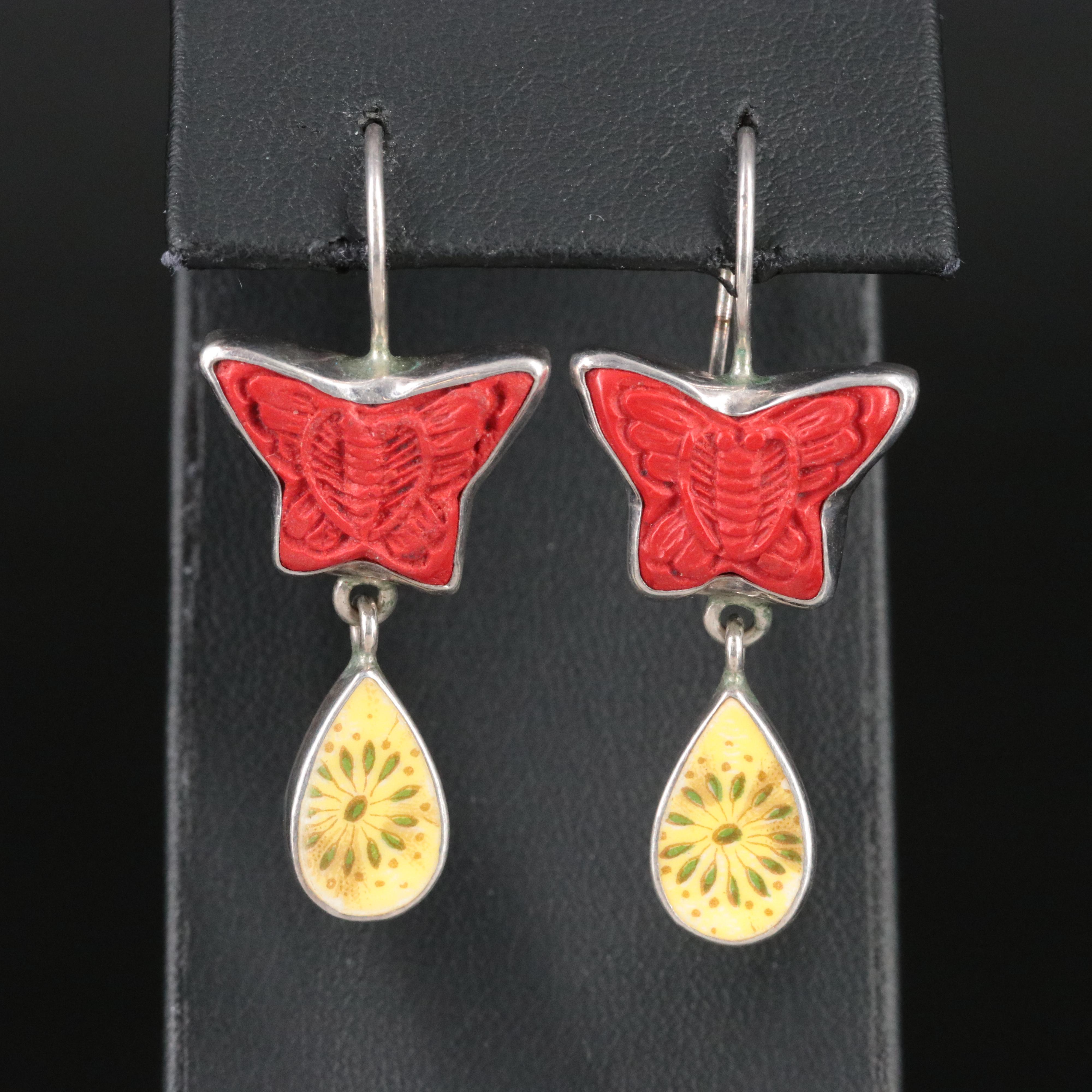 Sterling Enamel and Faux Cinnabar Butterfly Drop Earrings