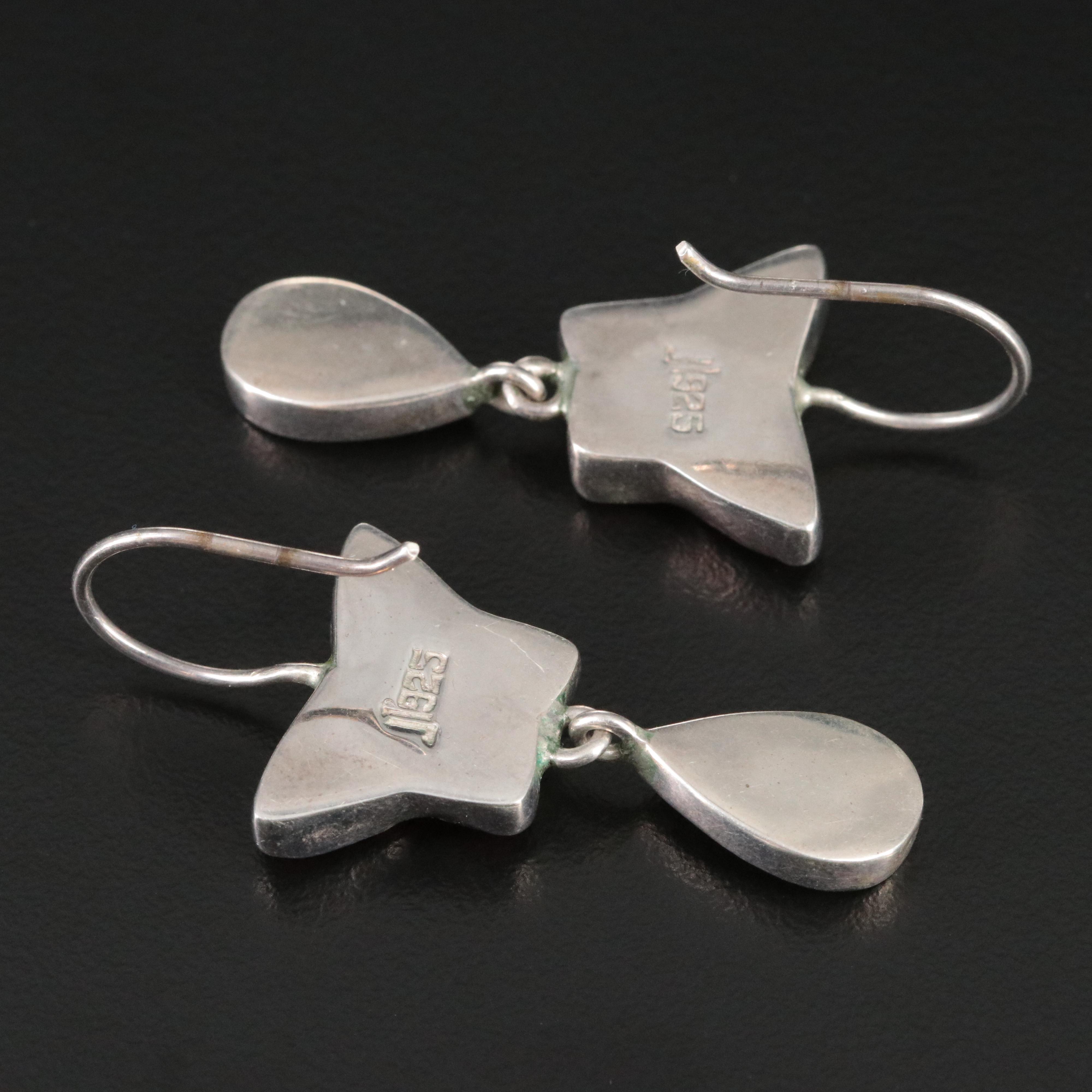 Sterling Enamel and Faux Cinnabar Butterfly Drop Earrings