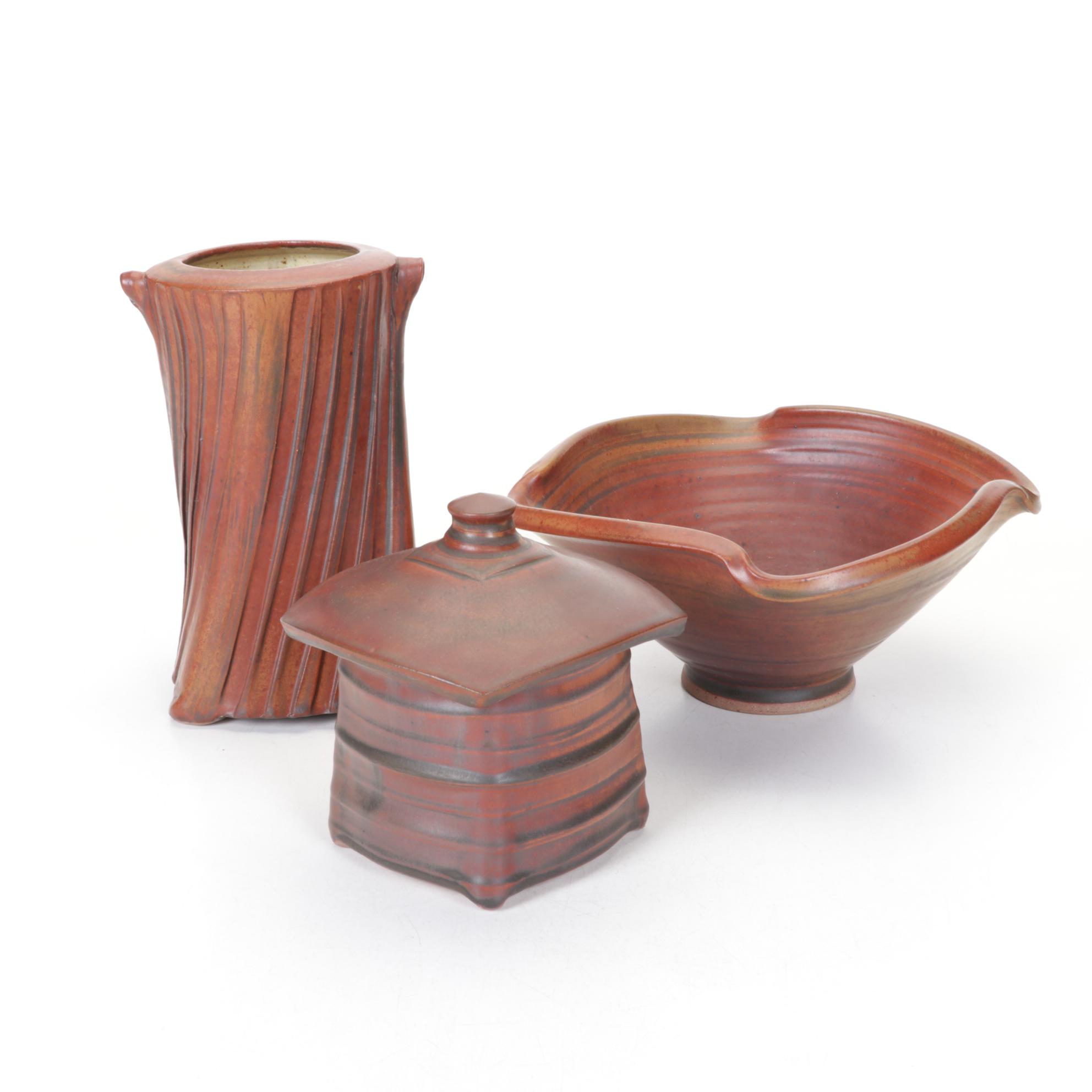 Ellen Shankin Hand-Thrown Pottery Vase and Box with Pottery Bowl
