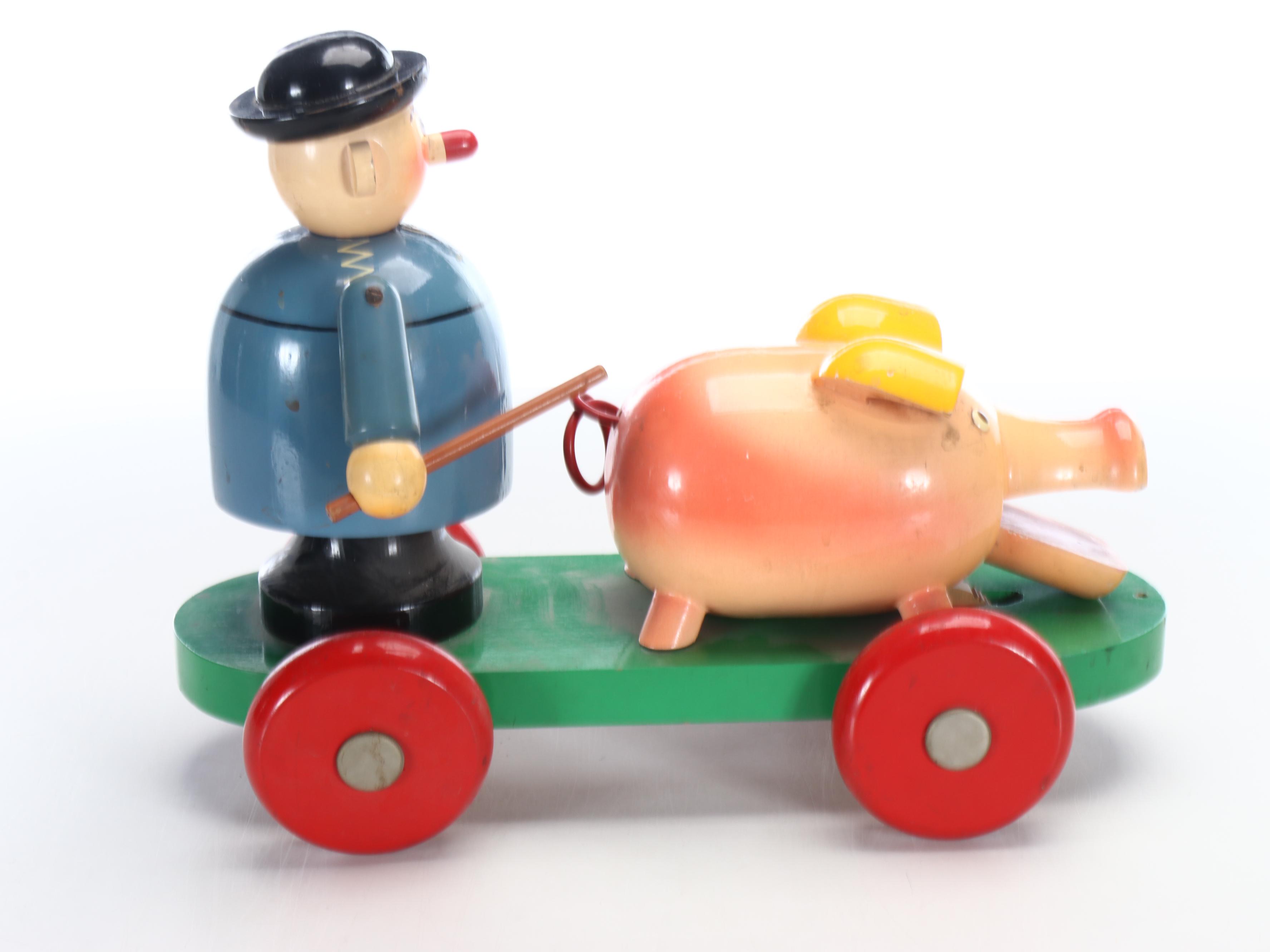 Vintage Wood Sailor and Pig Pull Toy