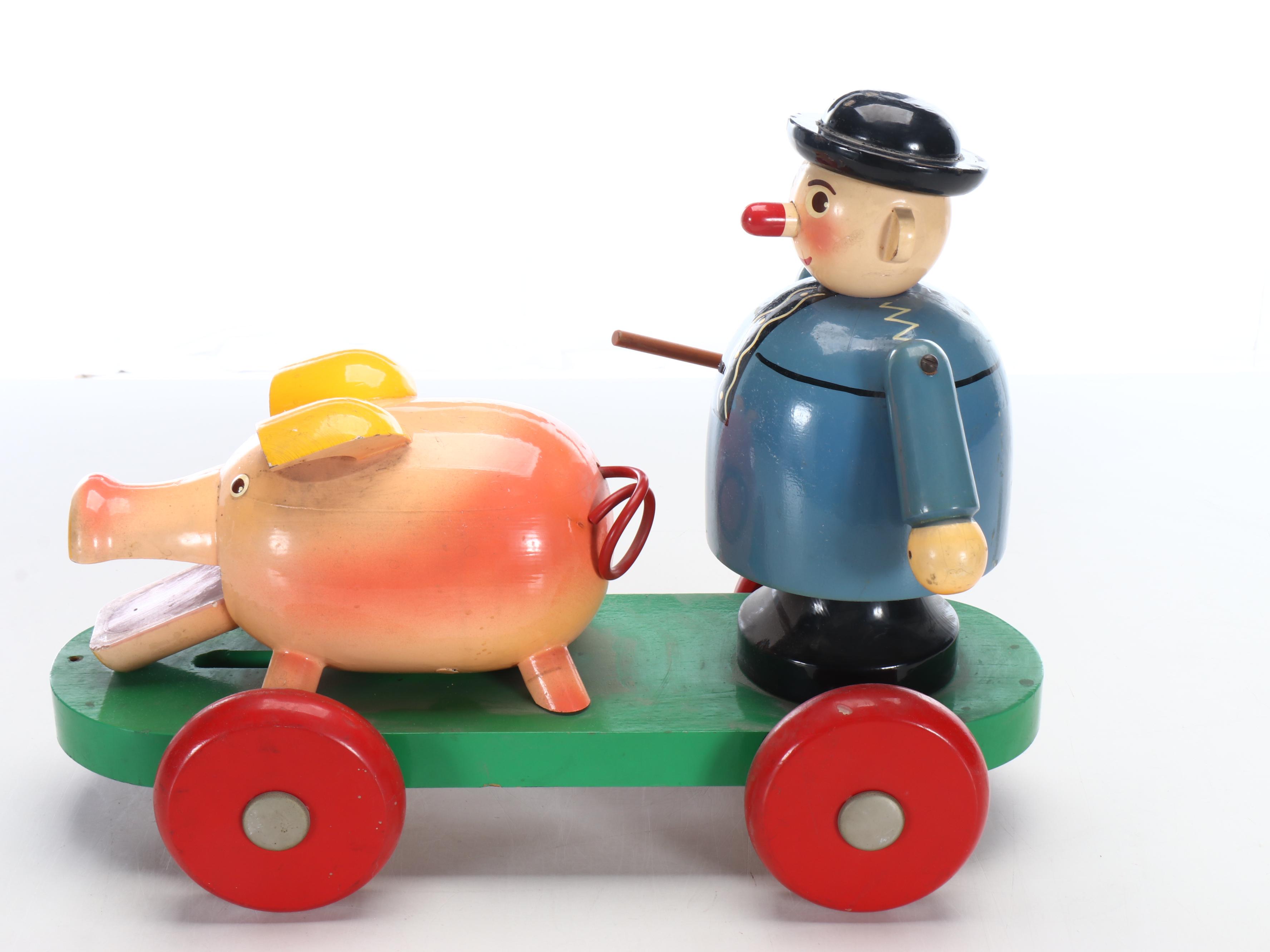 Vintage Wood Sailor and Pig Pull Toy