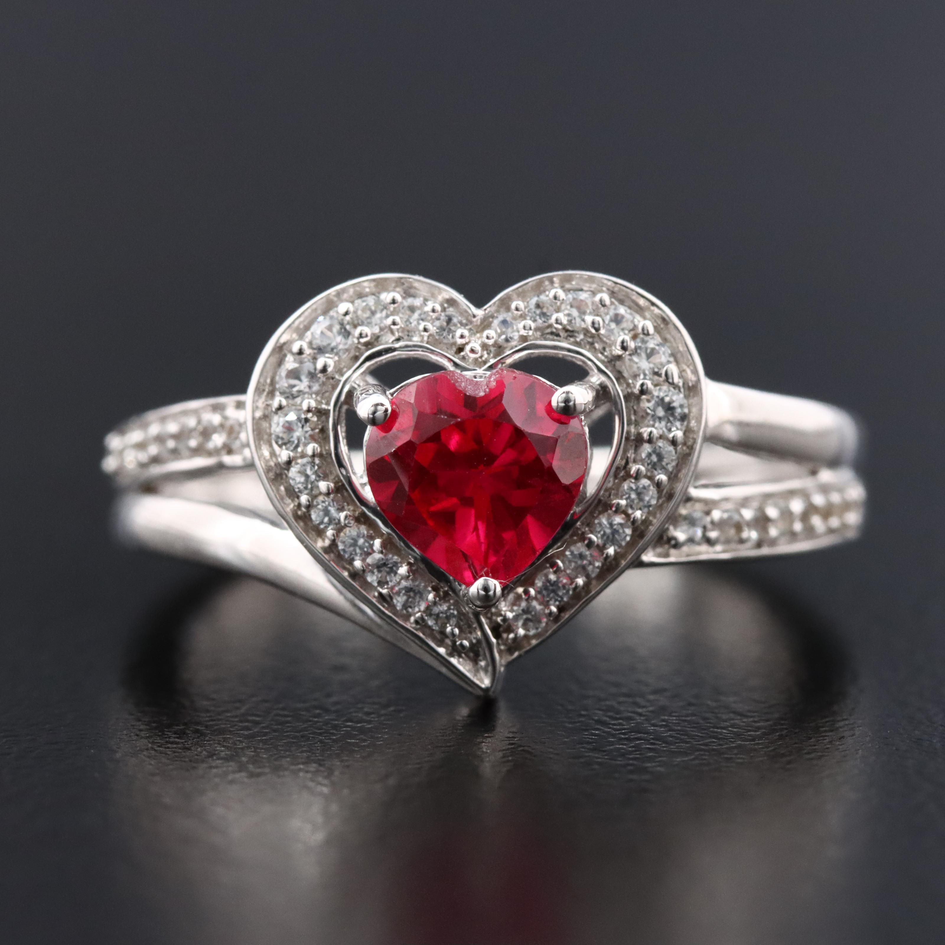 Sterling Ruby and White Sapphire Heart Ring