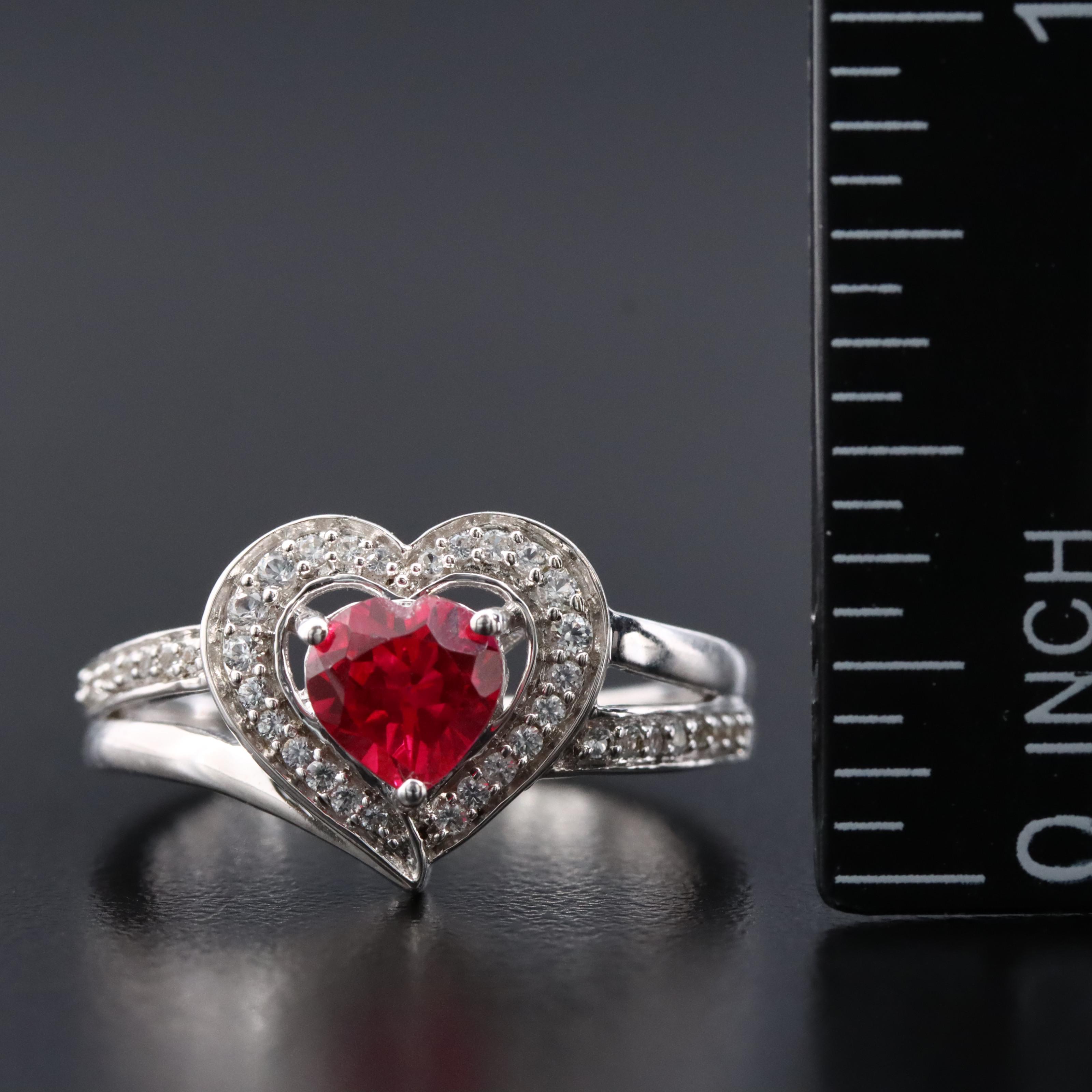 Sterling Ruby and White Sapphire Heart Ring