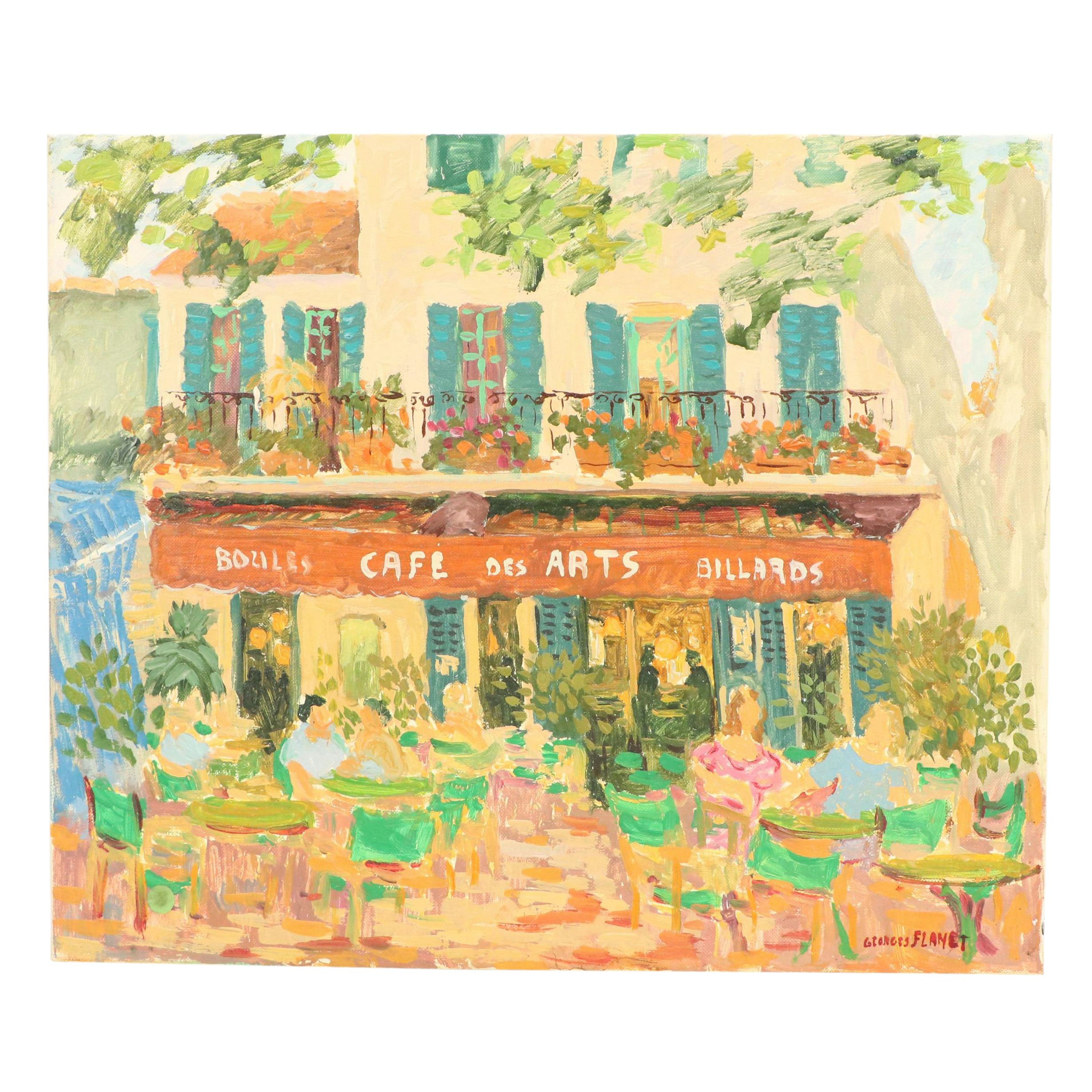 Georges Flanet French Cafe Scene Oil Painting "S. Tropez Place Des Lices," 1992