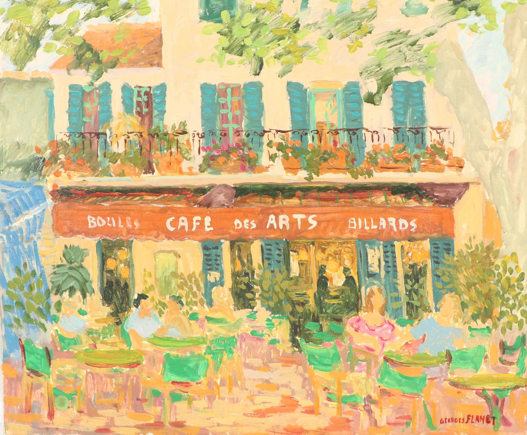 Georges Flanet French Cafe Scene Oil Painting "S. Tropez Place Des Lices," 1992