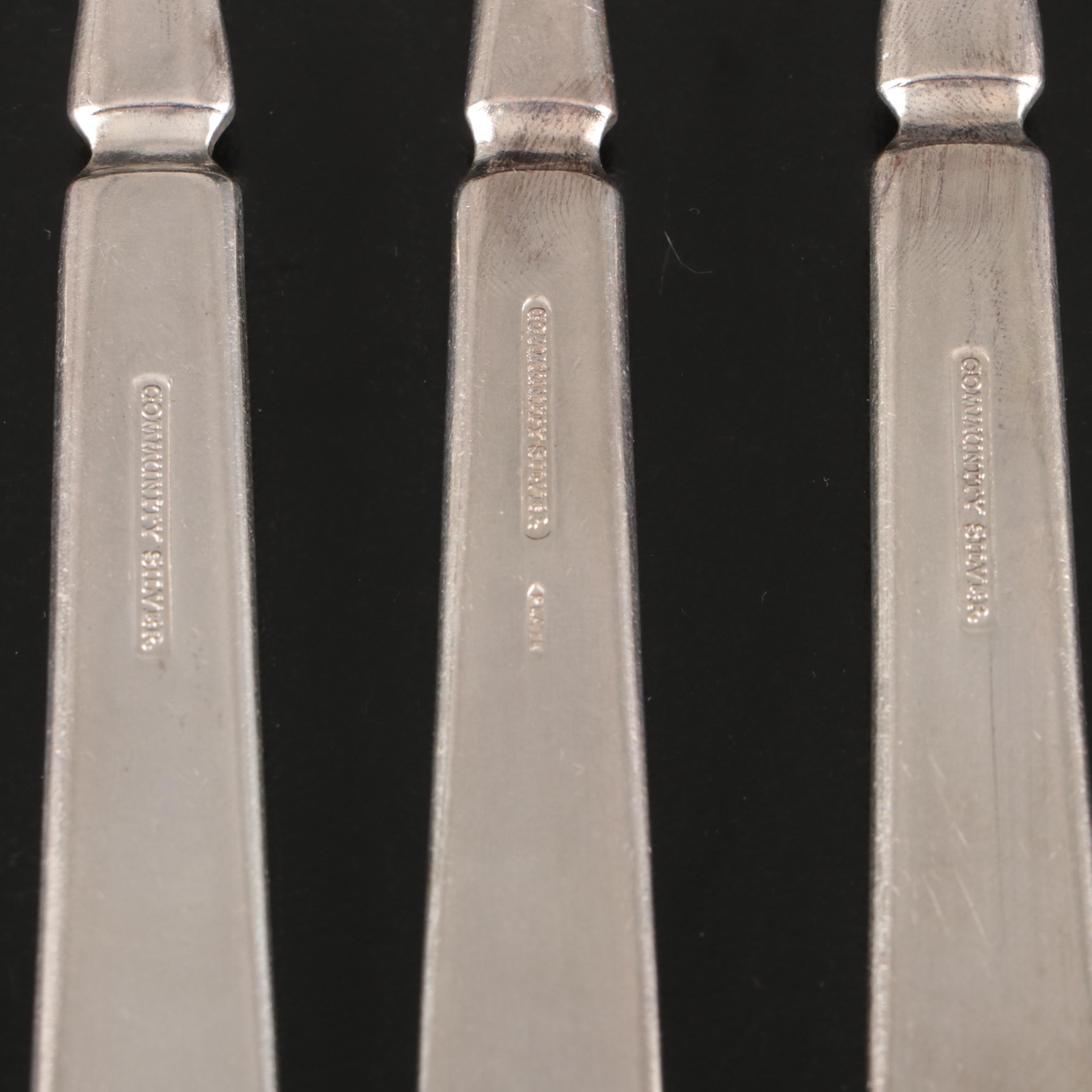 Community and Other Silver Plate Flatware with Embroidered Cutlery Rolls