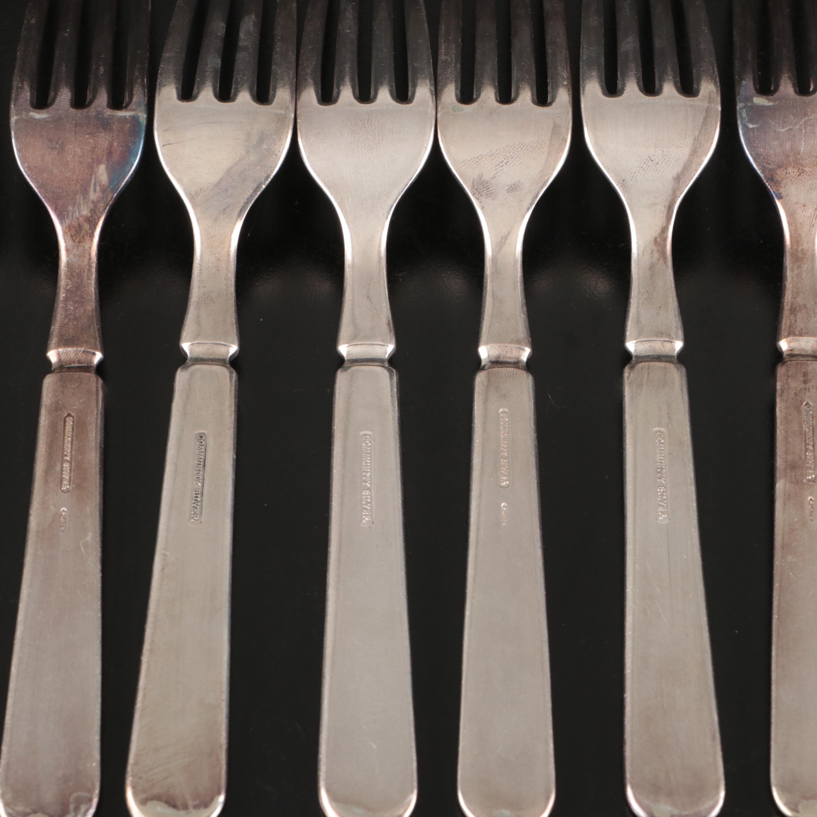 Community and Other Silver Plate Flatware with Embroidered Cutlery Rolls