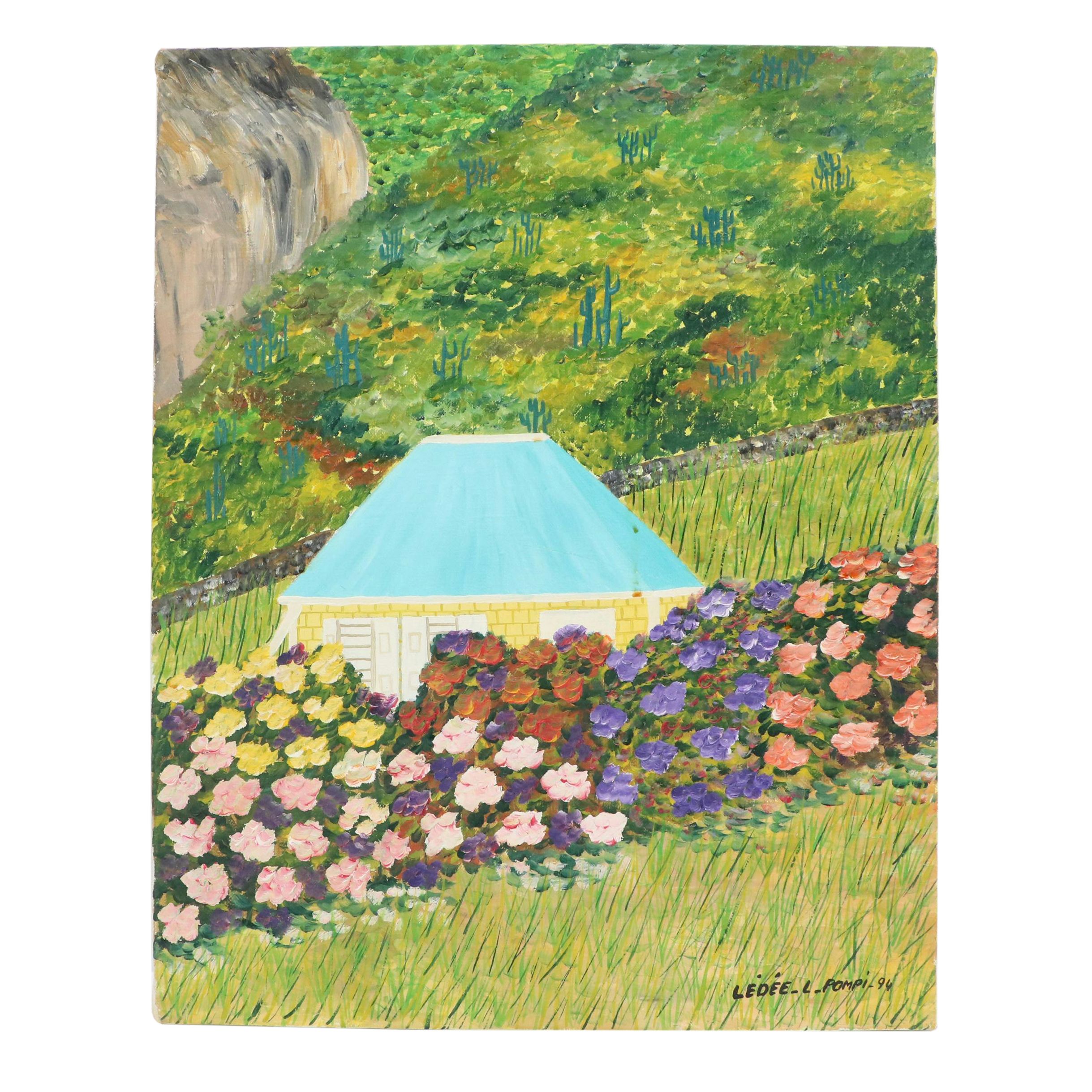 Lédée-Louis Pompi Garden Landscape Acrylic Painting, 1994