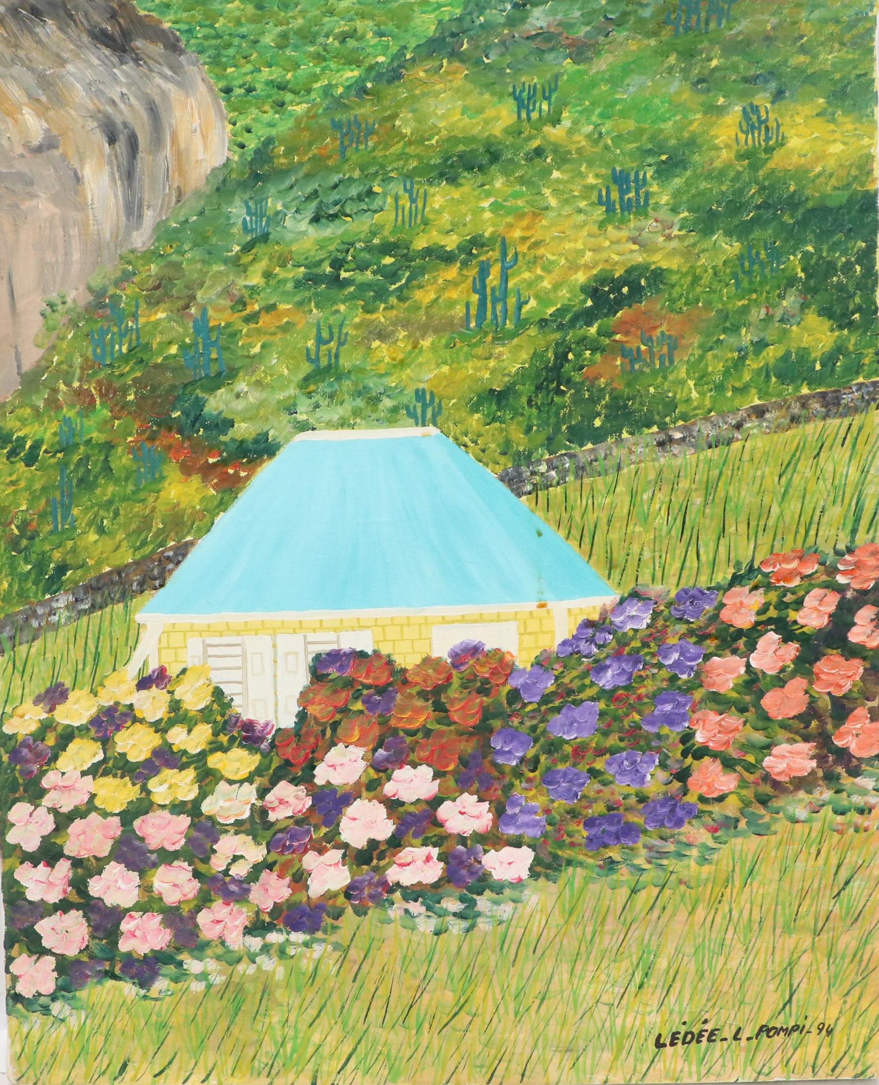 Lédée-Louis Pompi Garden Landscape Acrylic Painting, 1994