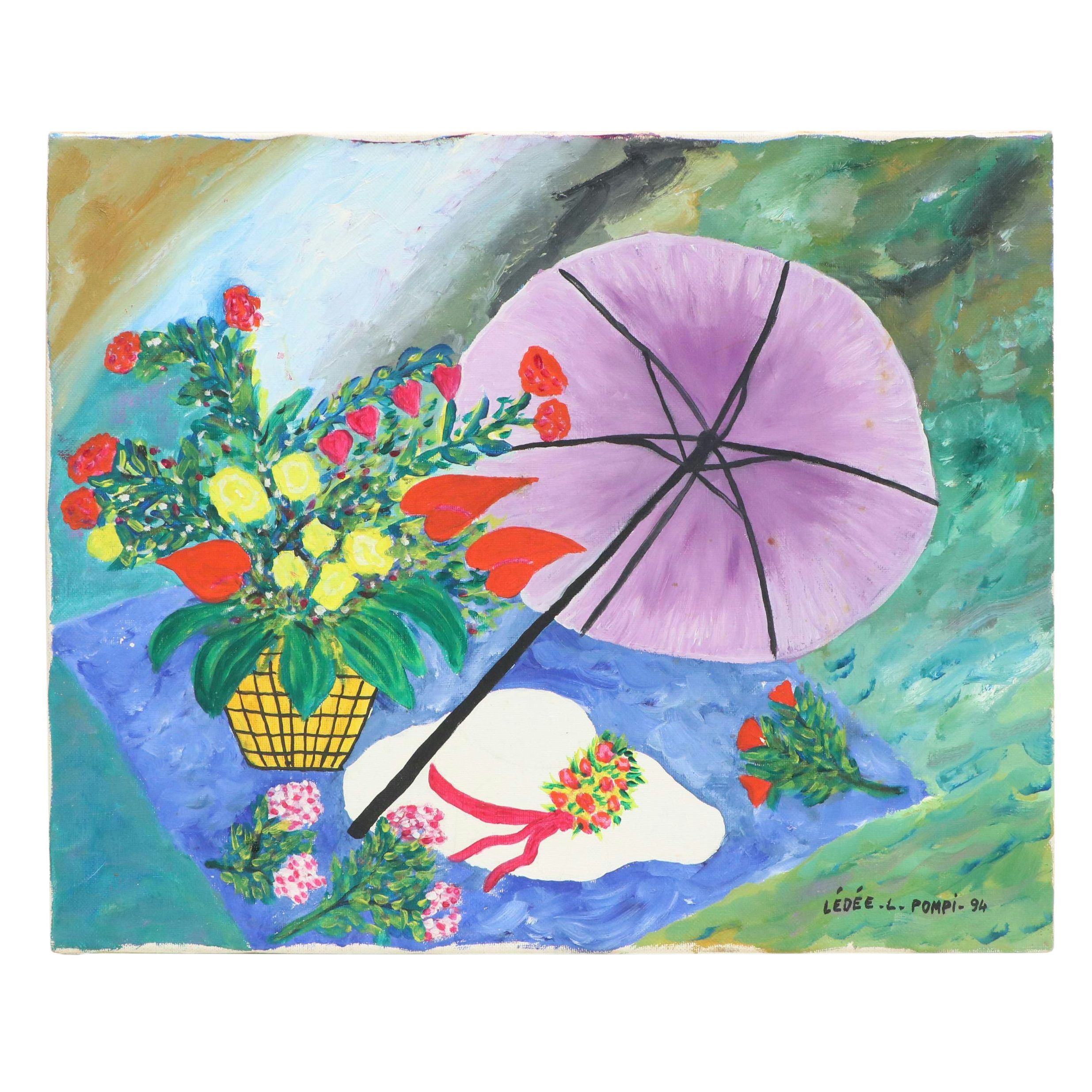 Lédée-Louis Pompi Garden Scene Acrylic Painting "Bagatelles," 1994