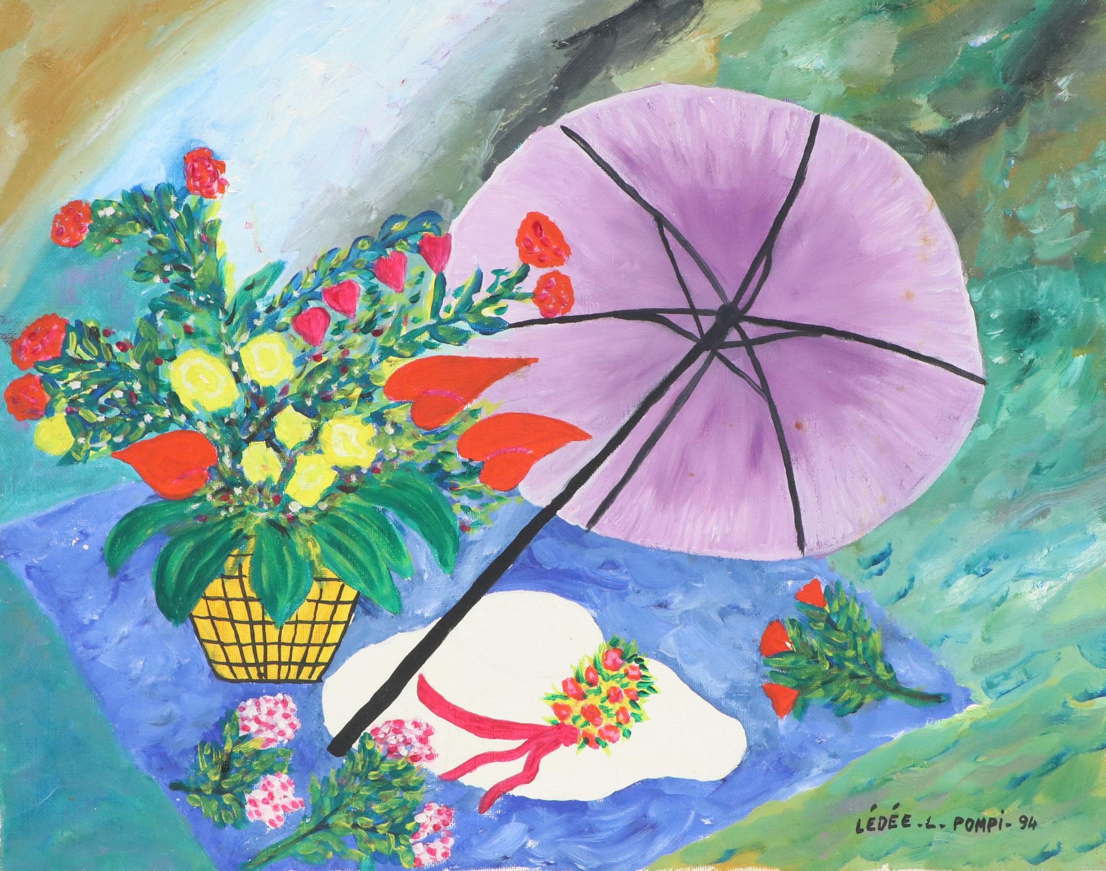 Lédée-Louis Pompi Garden Scene Acrylic Painting "Bagatelles," 1994