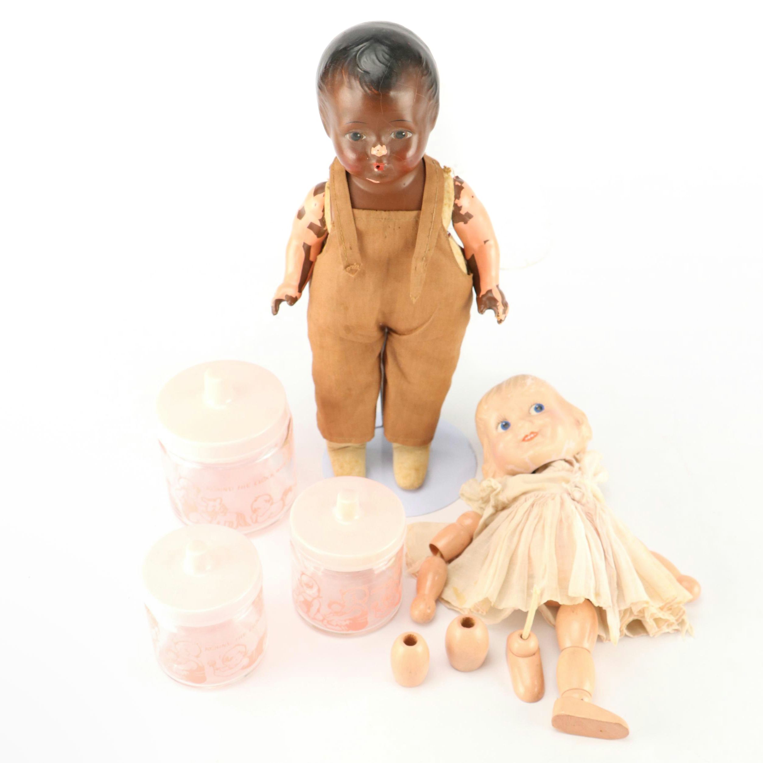 Madame Hendron Doll with Other Composite Doll and  Glasco Baby Vanity Jars