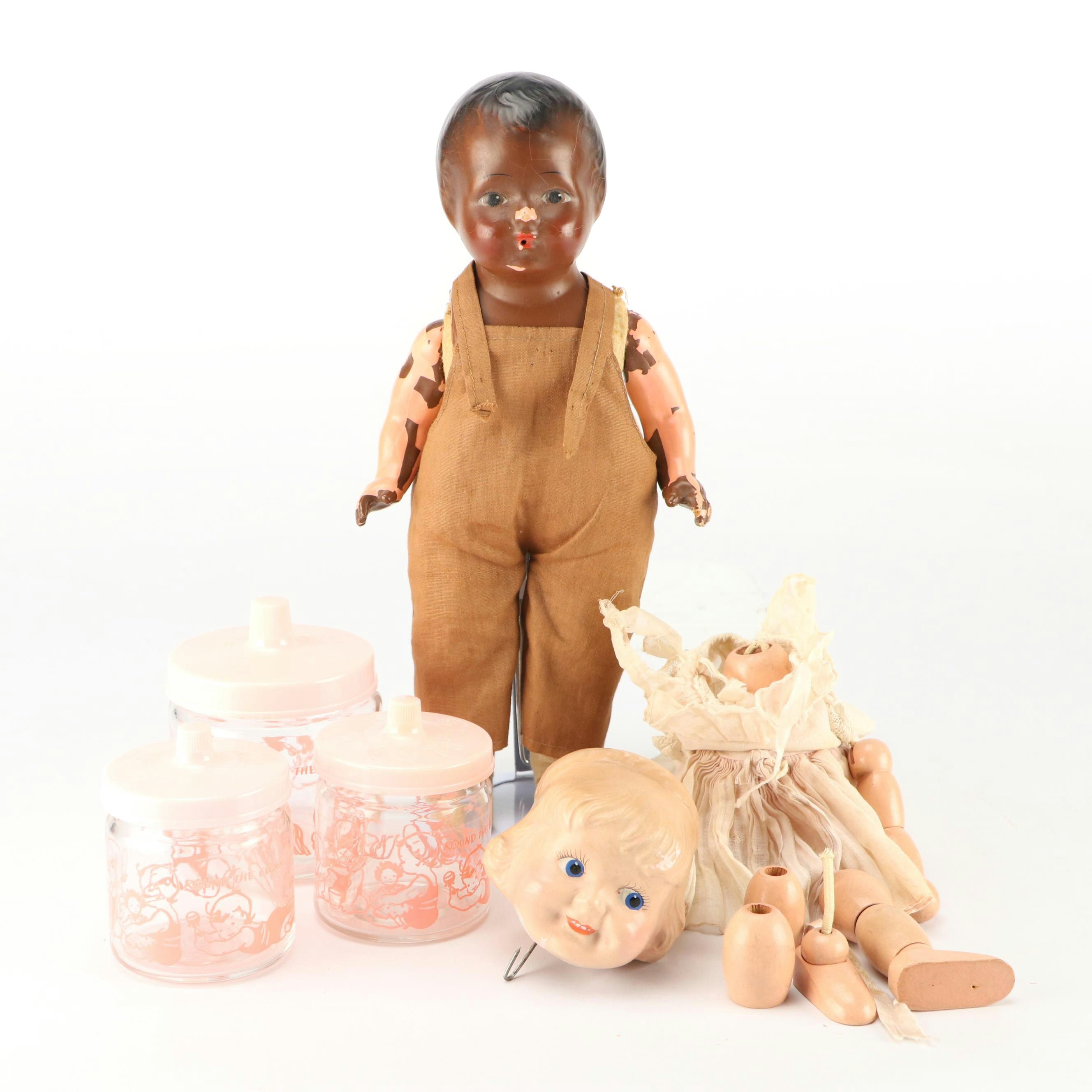 Madame Hendron Doll with Other Composite Doll and  Glasco Baby Vanity Jars