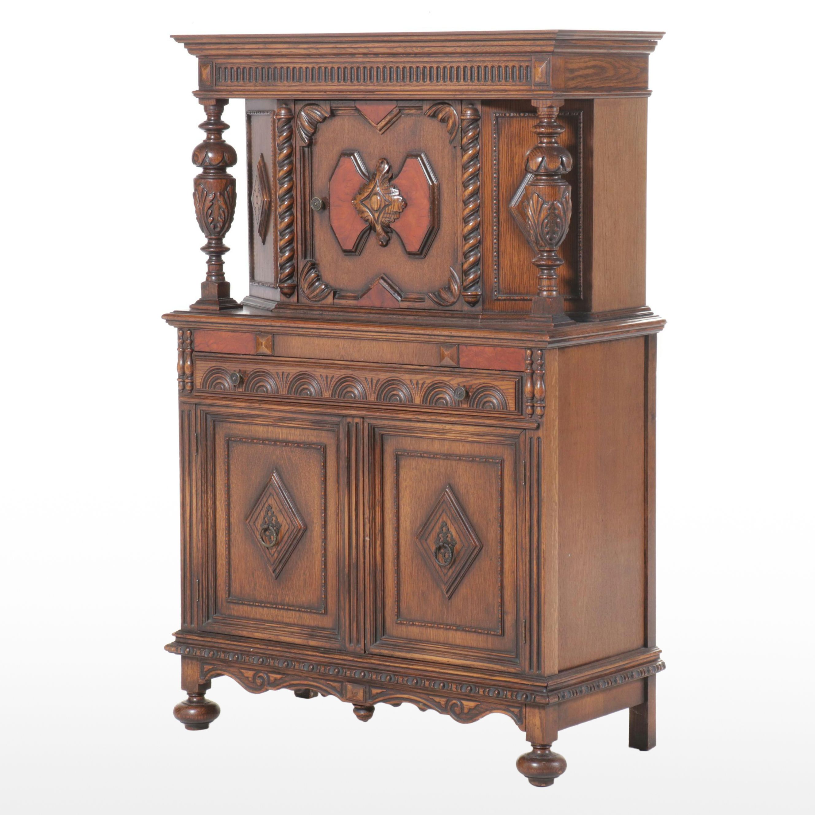 Jacobean Revival Oak China Cabinet, Early to Mid-20th Century