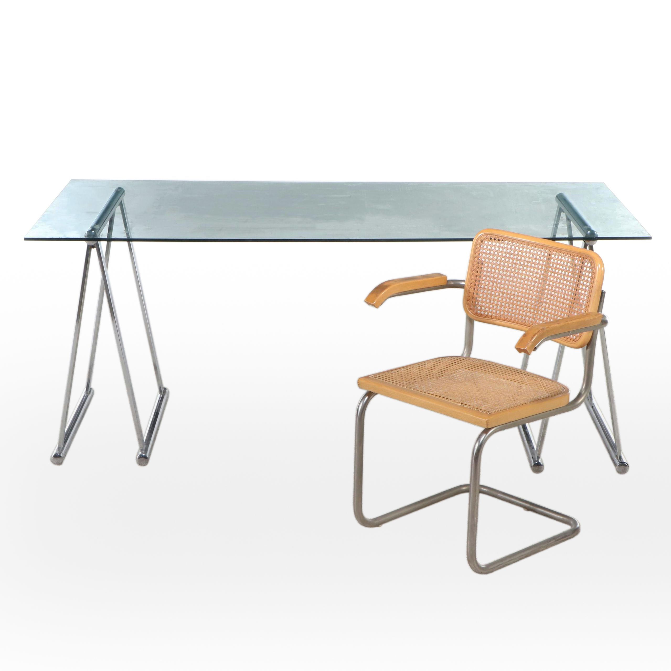 Contemporary Chrome and Glass Desk with Cane Cantilever Armchair