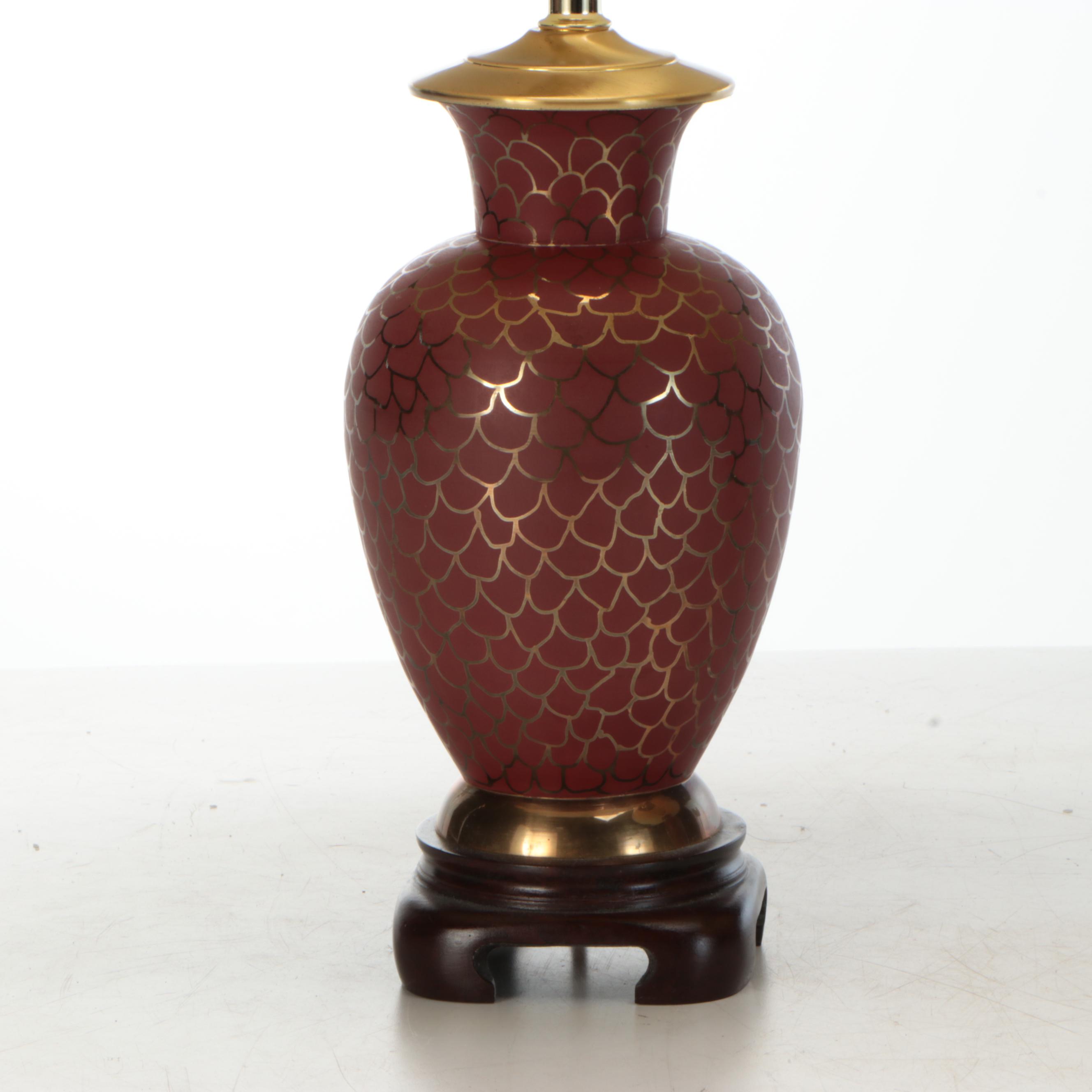 Pair of Burgundy With Gold Painted Vase Table Lamps with Pleated Shades