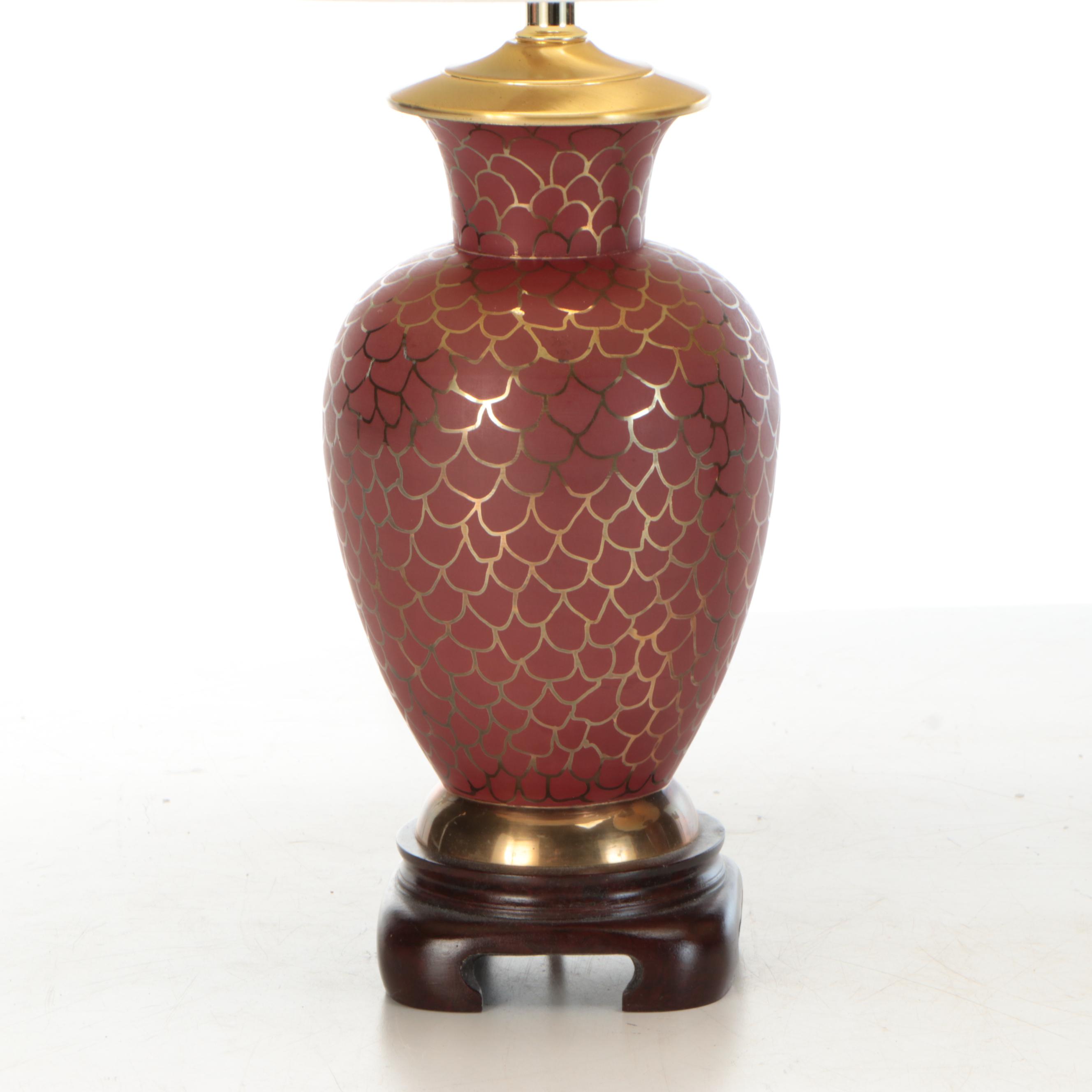 Pair of Burgundy With Gold Painted Vase Table Lamps with Pleated Shades