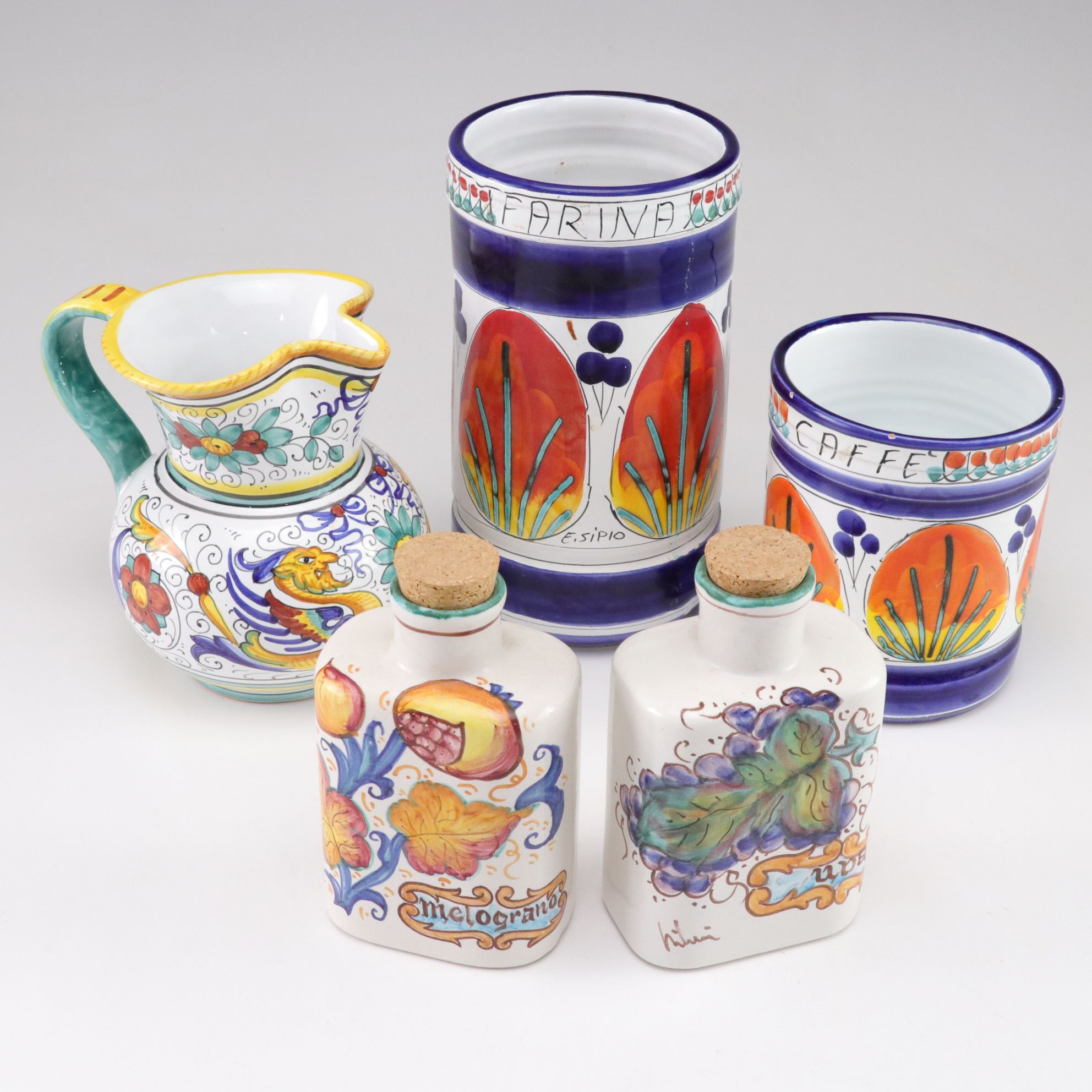 Hand Decorated Italian Ceramic Bottles, Pitcher, and Jars