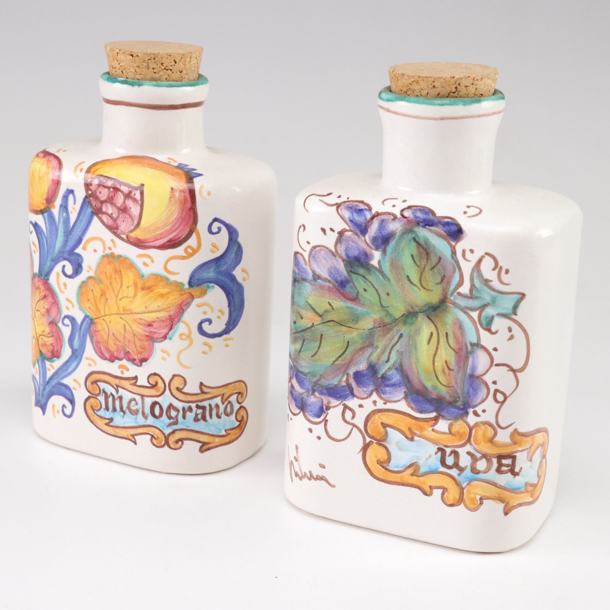 Hand Decorated Italian Ceramic Bottles, Pitcher, and Jars
