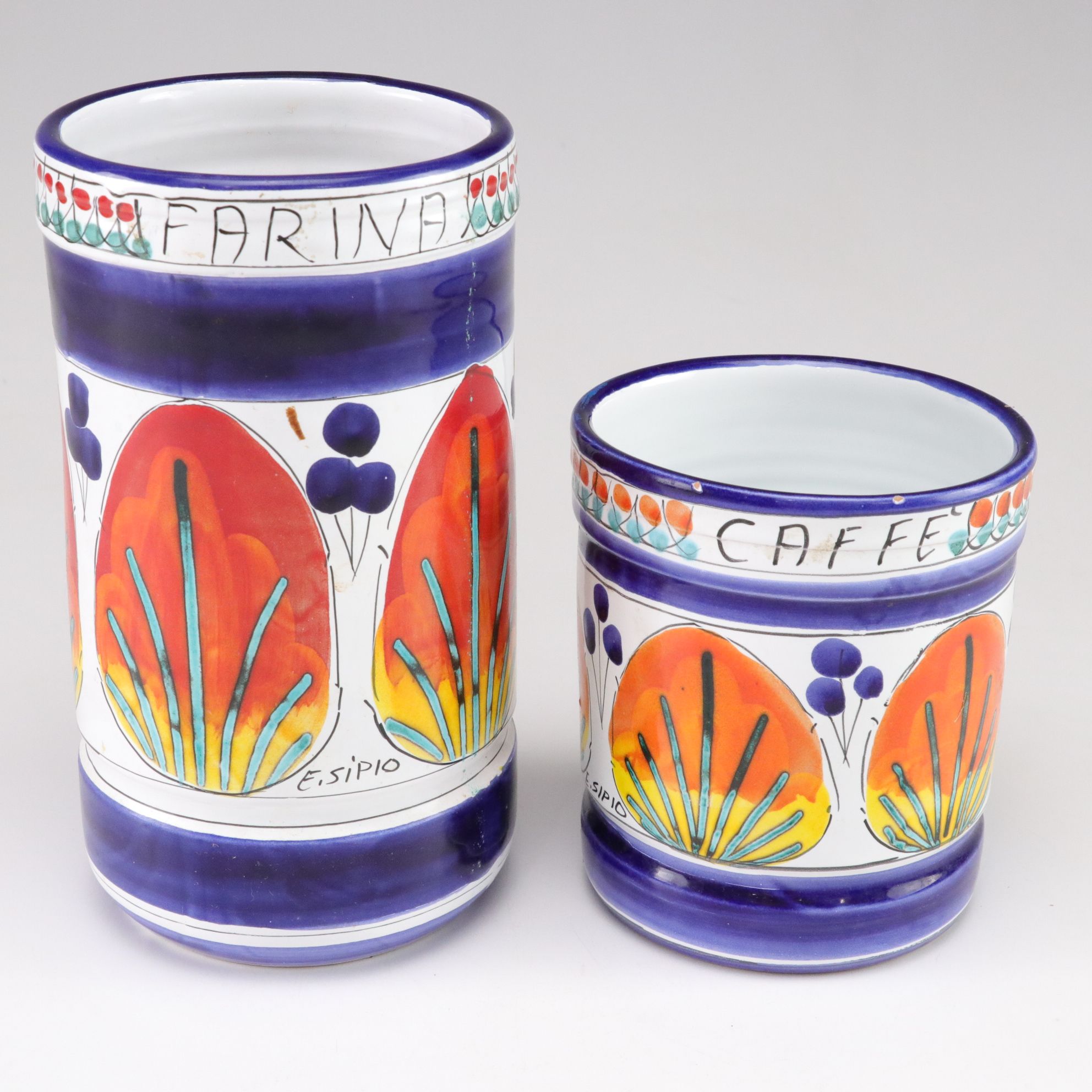 Hand Decorated Italian Ceramic Bottles, Pitcher, and Jars