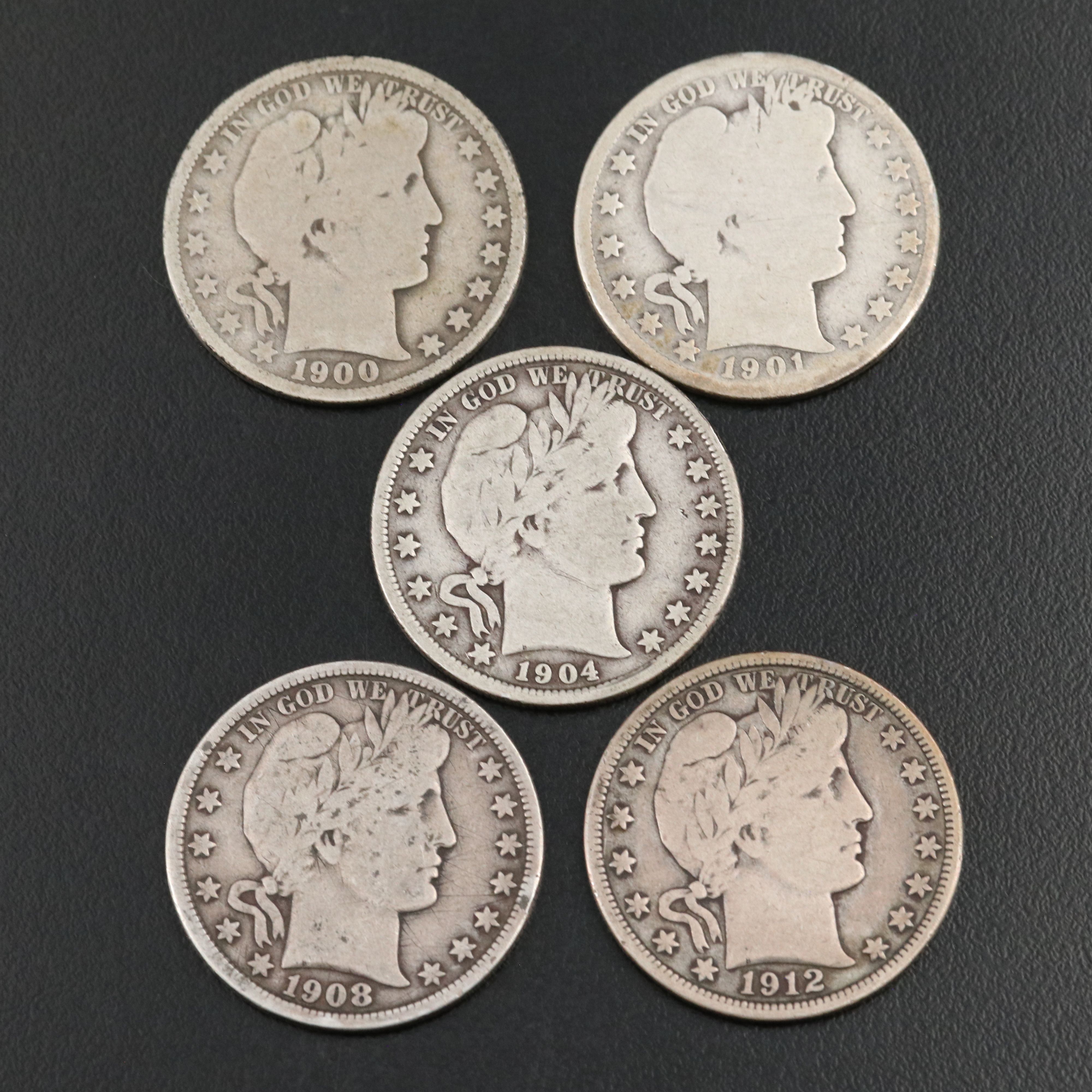 Five Different Barber Half Dollars Including a 1901-S