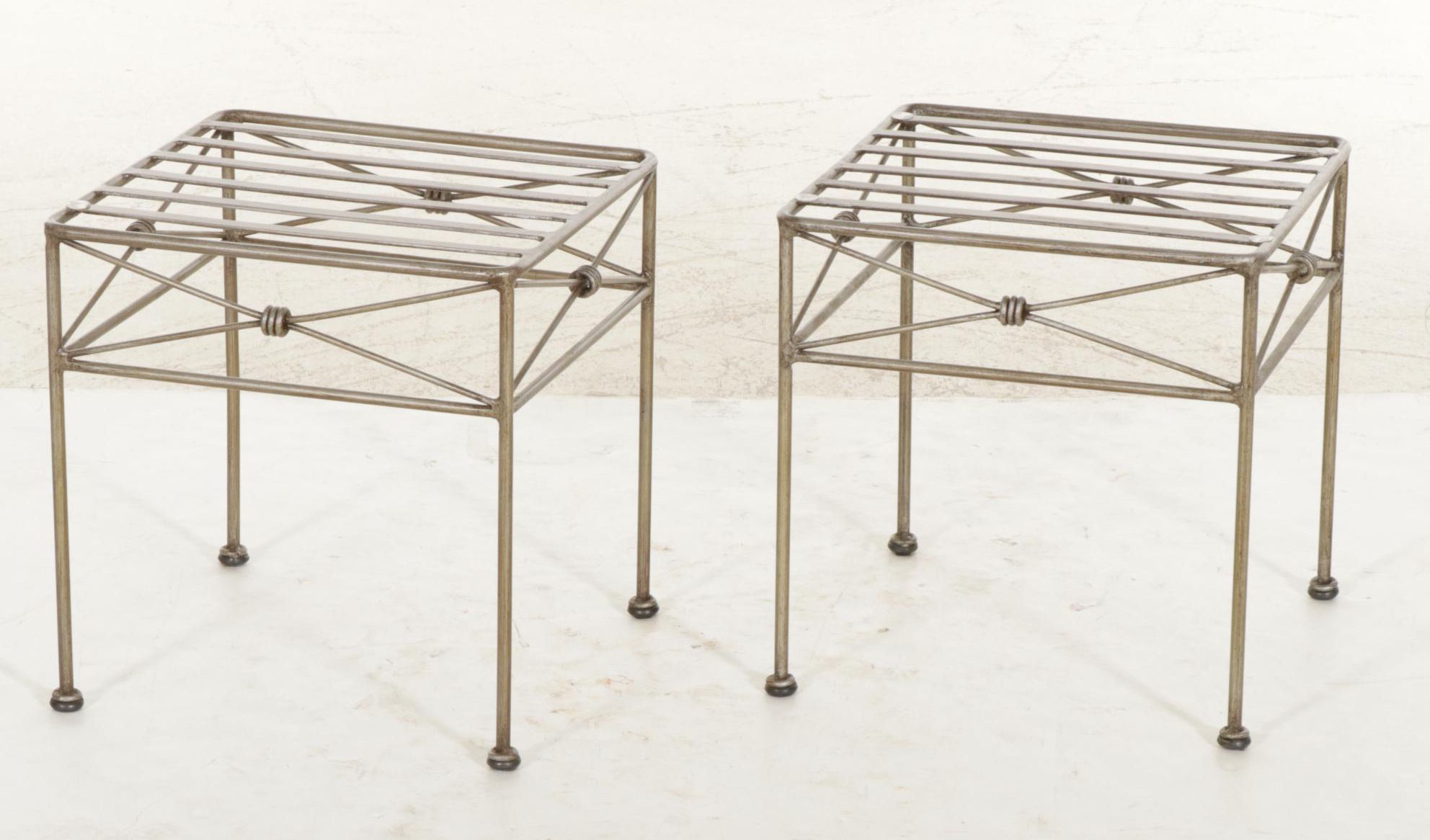 Glass Top Metal Patio Accent Tables, Pair